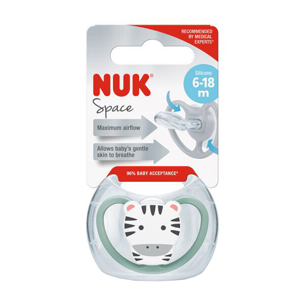 

Силіконова ортодонтична пустушка NUK Space від 6 місяців до 1.5 року, зебра, 1 шт (3952612)