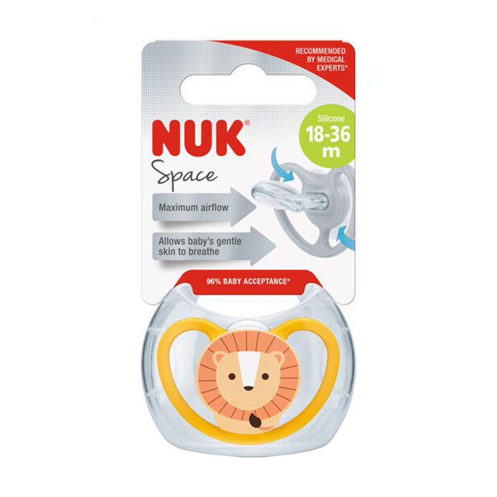 

Силіконова ортодонтична пустушка NUK Space від 1.5 до 3 років, левеня, 1 шт (3952621)