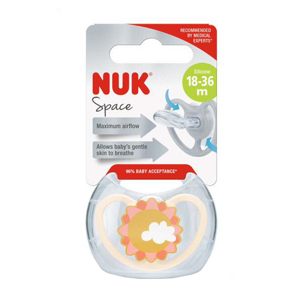 

Силіконова ортодонтична пустушка NUK Space від 1.5 до 3 років, сонечко, 1 шт (3952622)