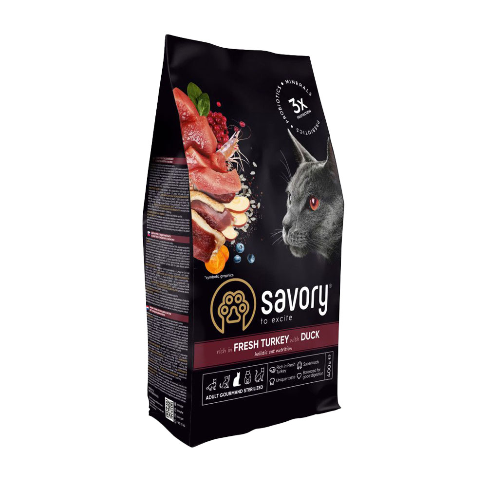 

Сухий корм для стерилізованих котів Savory Adult Cat Steril Fresh Turkey and Duck з індичкою та качкою, 400 г