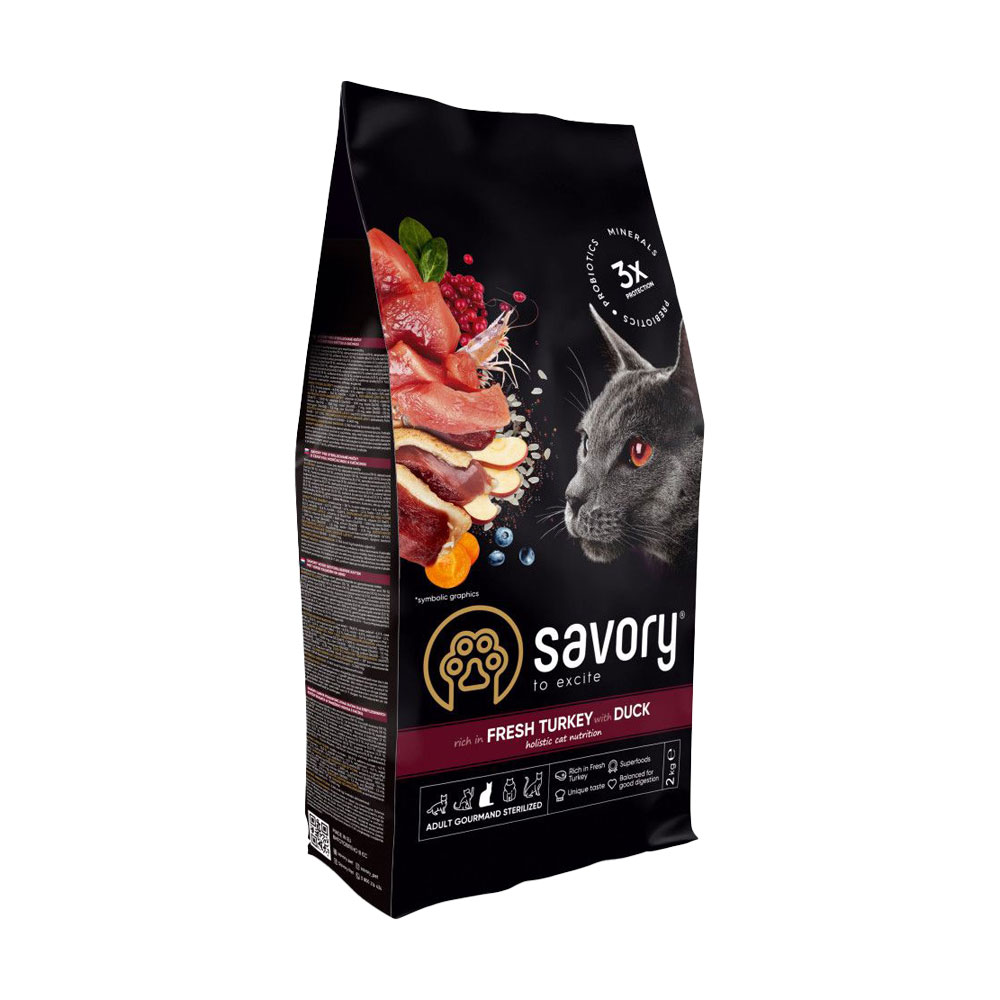 

Сухий корм для стерилізованих котів Savory Adult Cat Steril Fresh Turkey and Duck з індичкою та качкою, 2 кг