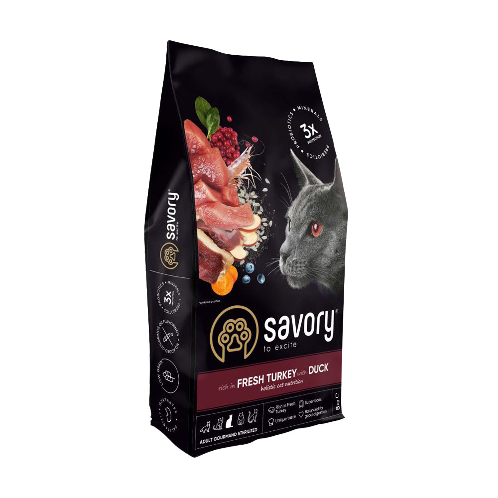 

Сухий корм для стерилізованих котів Savory Adult Cat Steril Fresh Turkey and Duck з індичкою та качкою, 8 кг