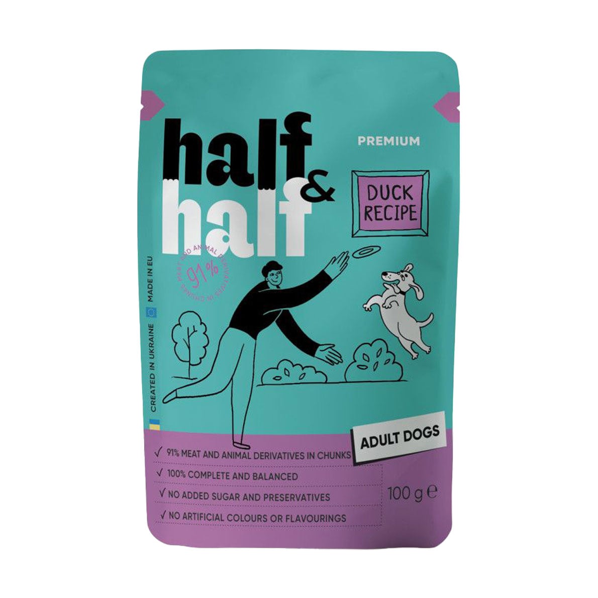 

Вологий корм для дорослих собак Half&Half Duck In Gravy For Adult Dogs шматочки качки в соусі, 100 г