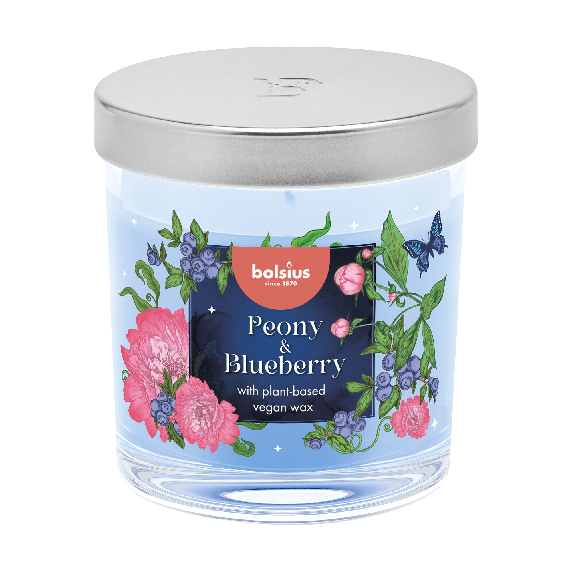 

Ароматична свічка в склянці Bolsius Peony & Blueberry з металевою кришкою, 80*72 мм