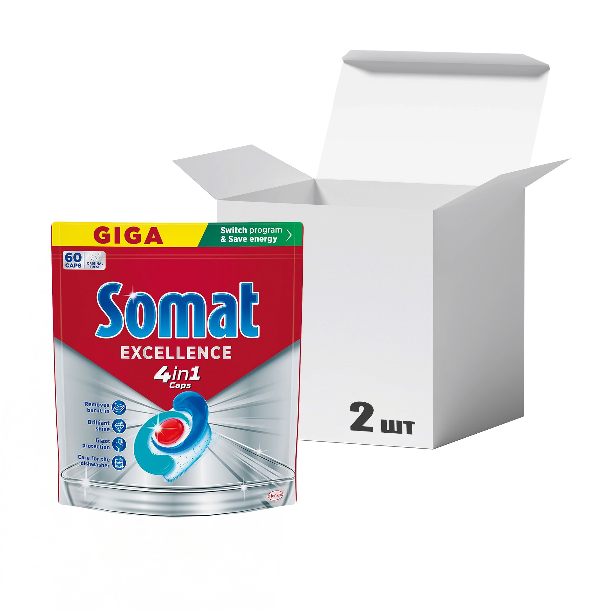 

Упаковка таблеток для посудомийної машини Somat Exellence 4 in 1 Caps, 60 шт * 2 шт