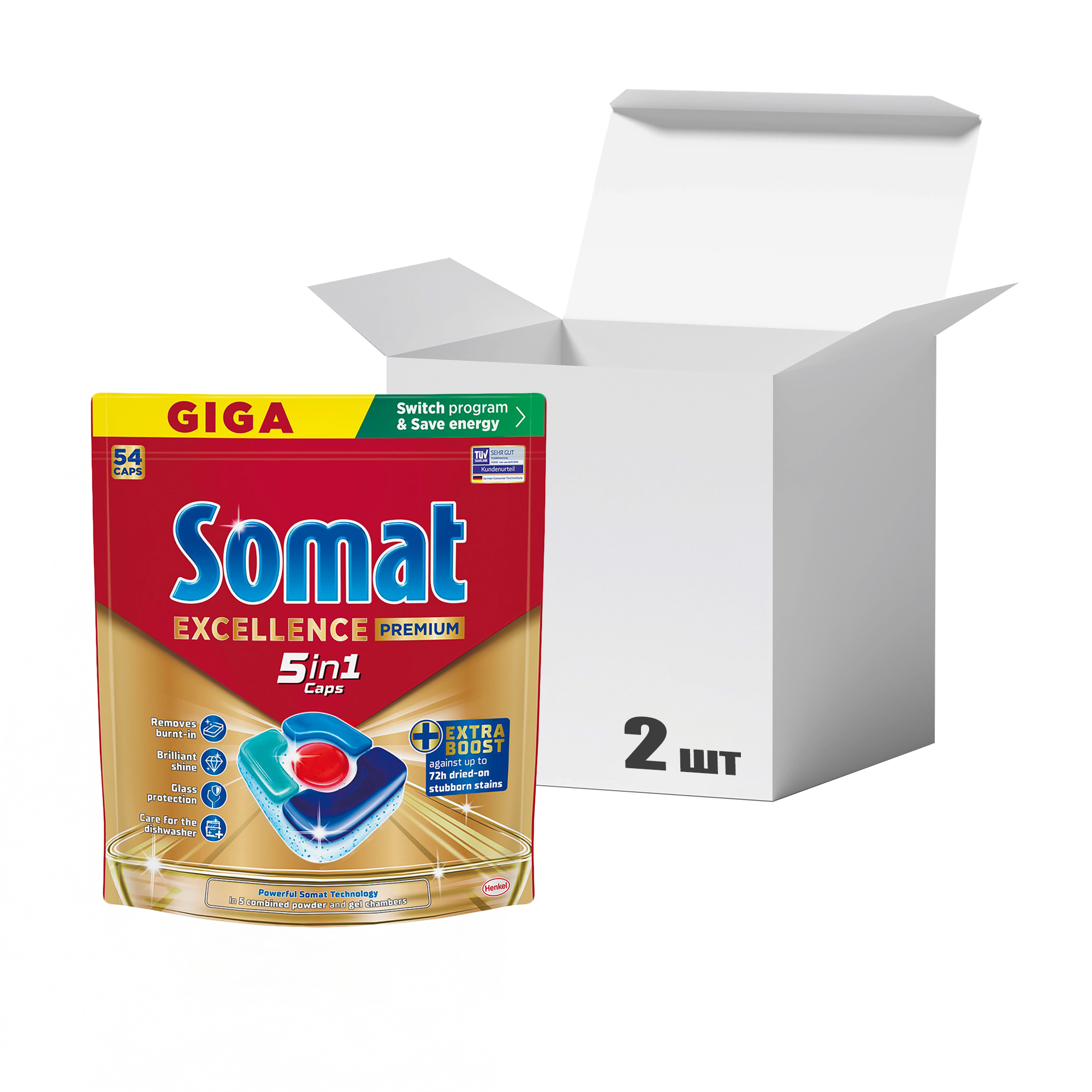 

Упаковка таблеток для миття посуду в посудомийній машині Somat Excellence Premium 5 In 1 Caps, 54 шт * 2 шт