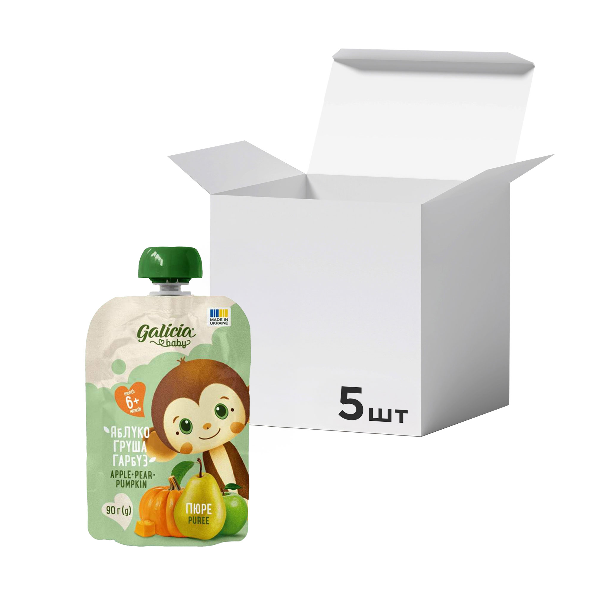 

Упаковка дитячого пюре Galicia Baby Яблуко-груша-гарбуз, від 6 місяців, 90 г * 5 шт
