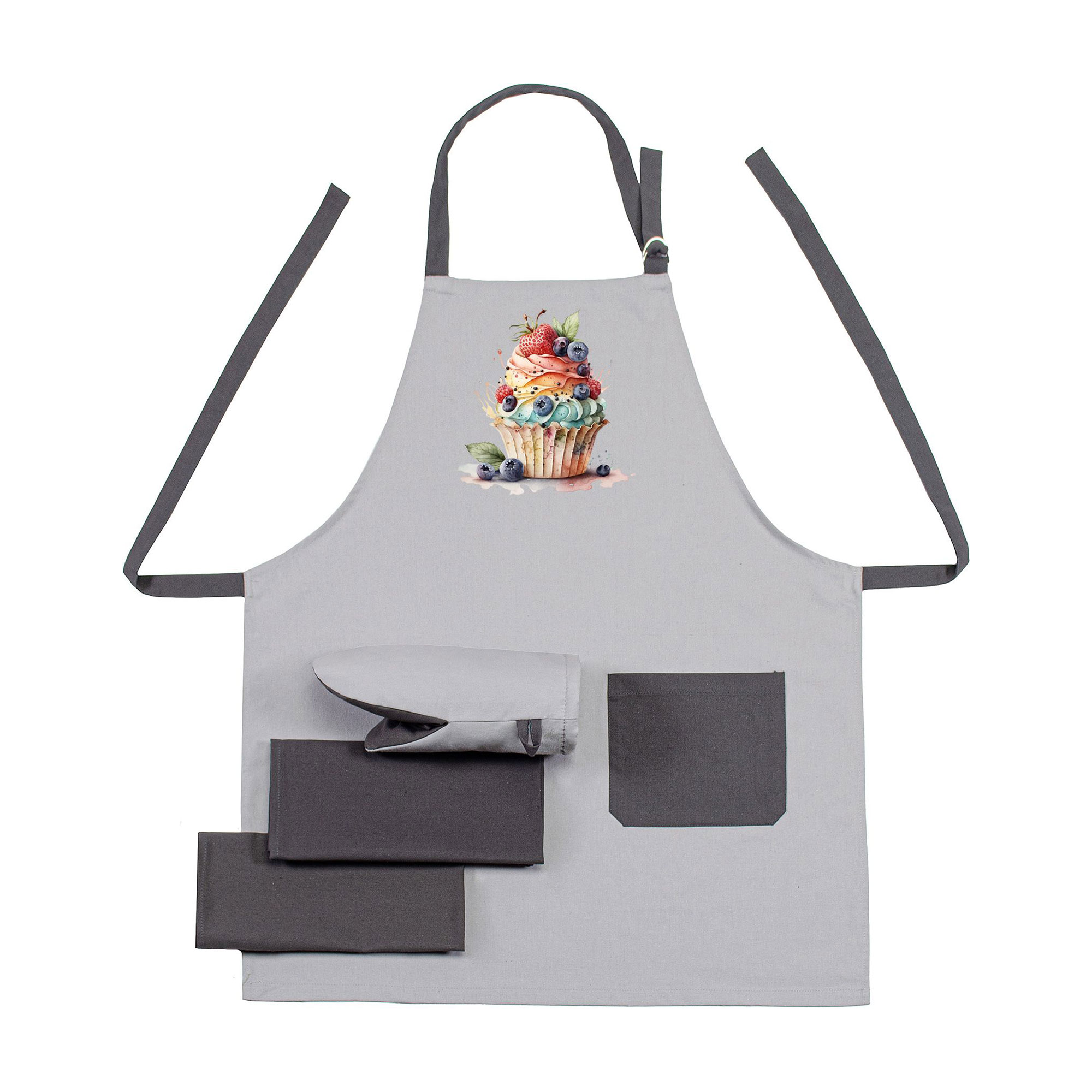 

Набір Home Line Ягідний кекс, сірий (фартух, 1 шт + рукавичка, 1 шт + рушник, 40*60, 2 шт) (напівпанама) (195581)