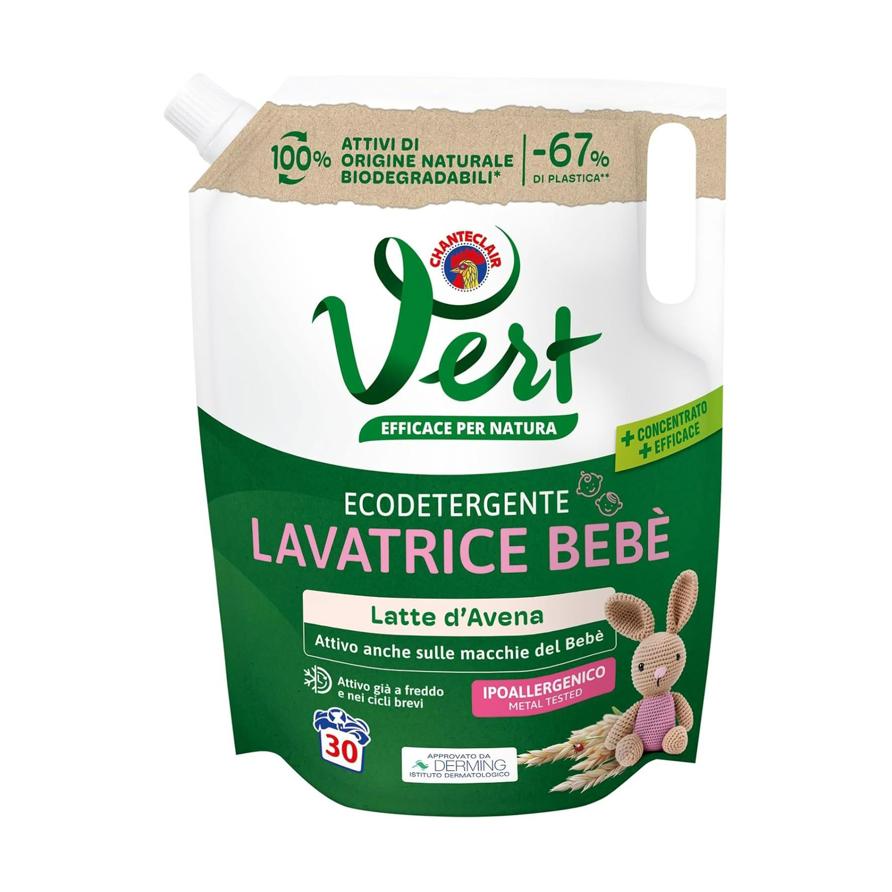 

Засіб для прання Chanteclair Vert для дитячих речей, з вівсяним молоком, 30 циклів прання, 1.2 л (запаска)