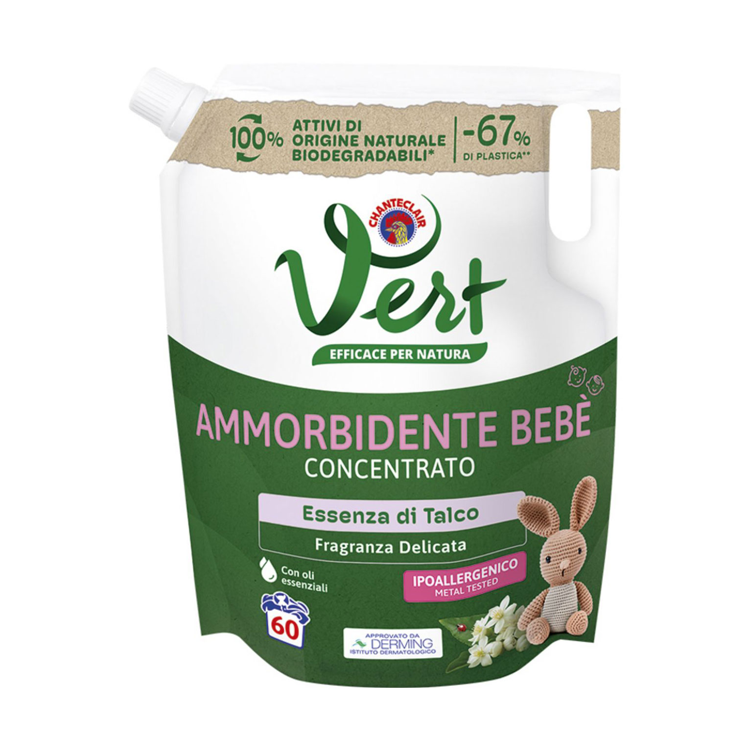 

Концентрований пом'якшувач Chanteclair Vert для дитячих речей, з ароматом тальку, 60 циклів прання, 1.2 л (запаска)