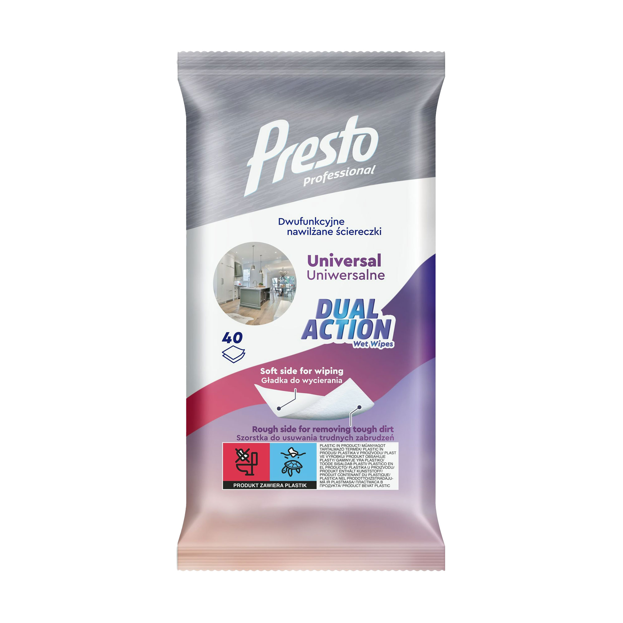 

Універсальні вологі серветки для прибирання Presto Dual Action, 40 шт