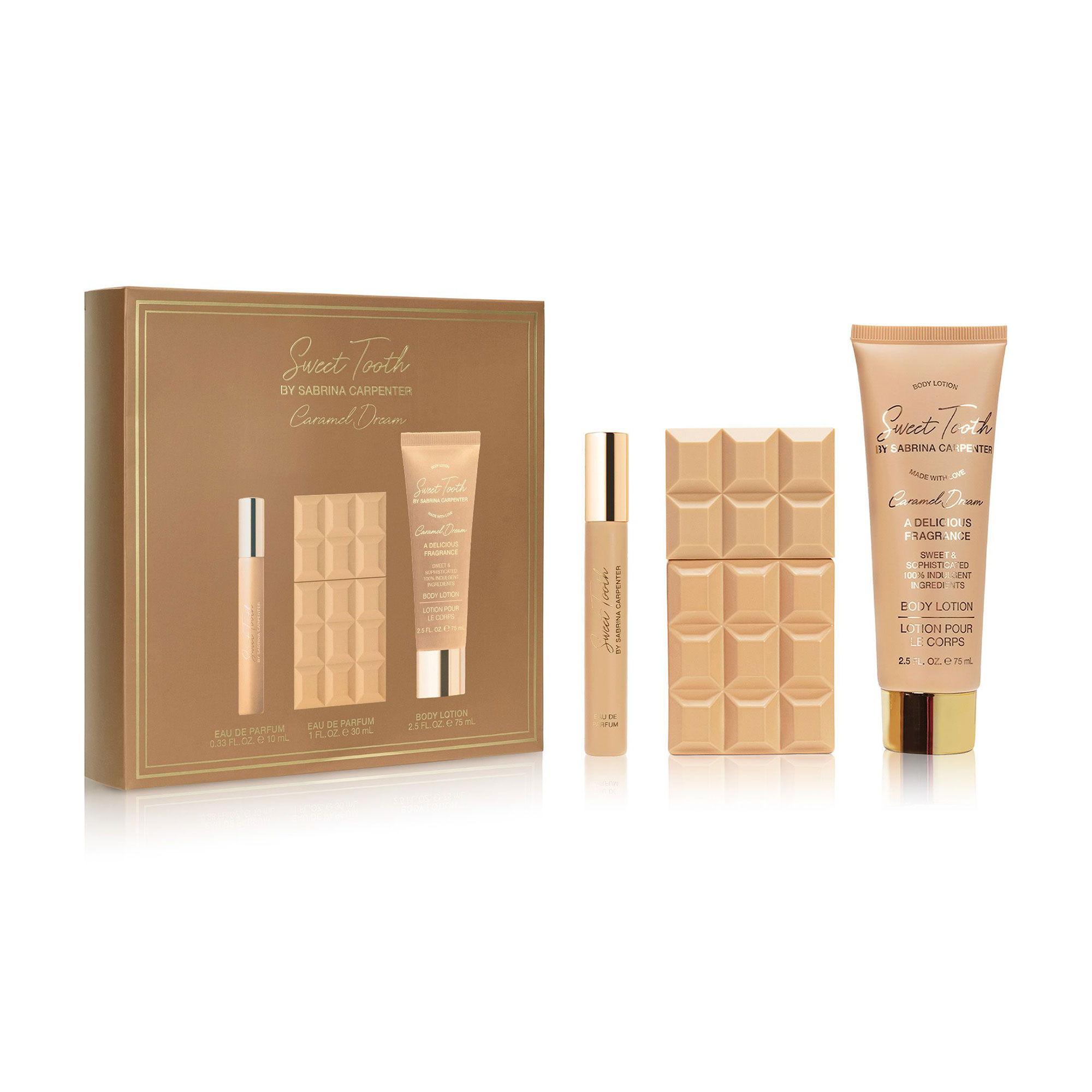 

Парфумований набір жіночий Sabrina Carpenter Caramel Dream (парфумована вода, 30 мл + парфумована вода, 10 мл + лосьйон для тіла, 75 мл)