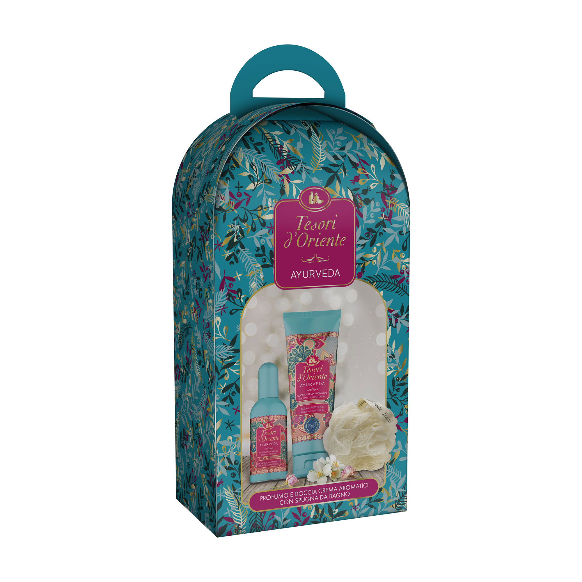 

Подарунковий набір для тіла Tesori d'Oriente Ayurveda (мочалка, 1 шт + гель для душу, 250 мл + парфумована вода, 100 мл)