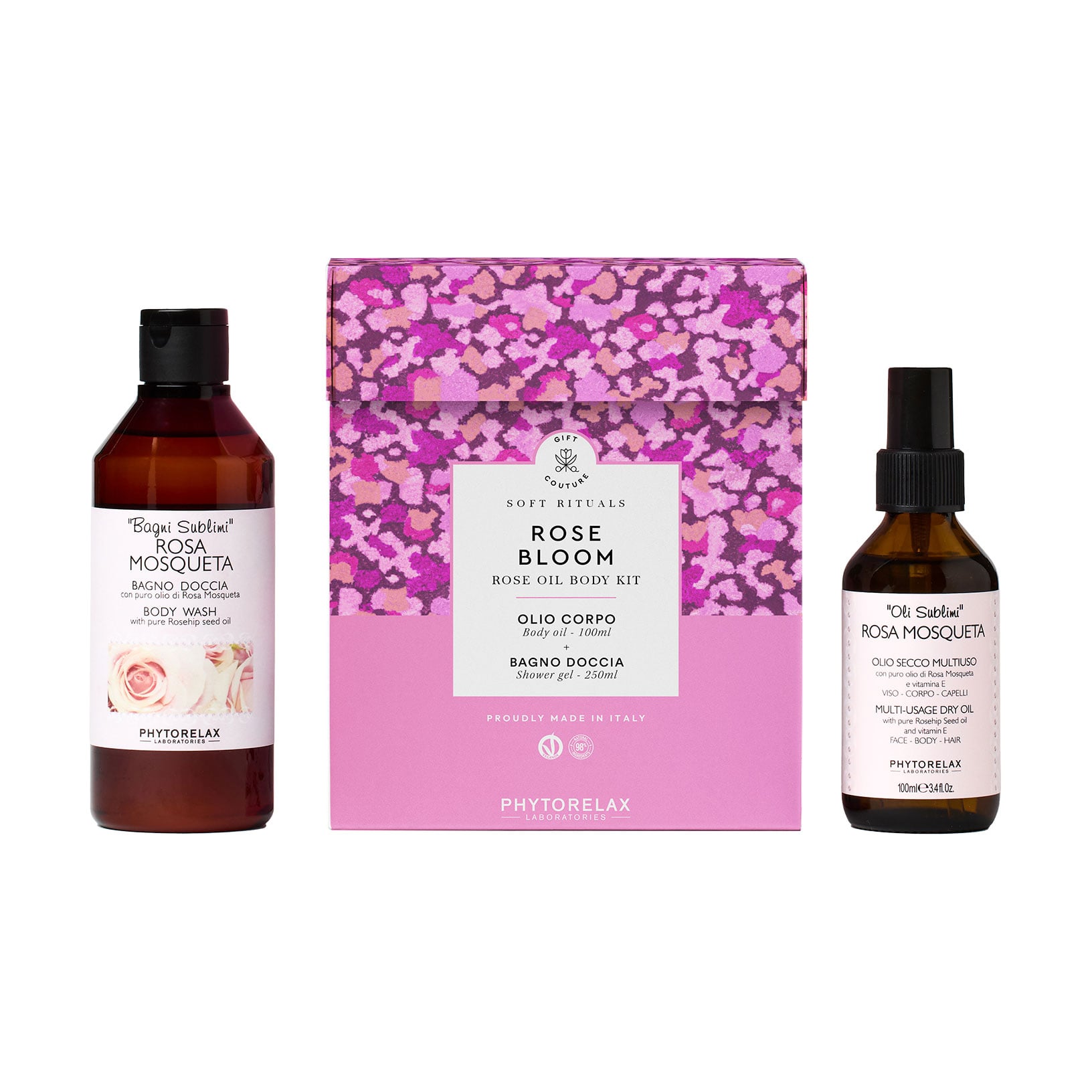 

Набір для тіла та обличчя Phytorelax Laboratories Soft Rituals Rose Bloom (гель для душу, 250 мл + олія для тіла та волосся, 100 мл)