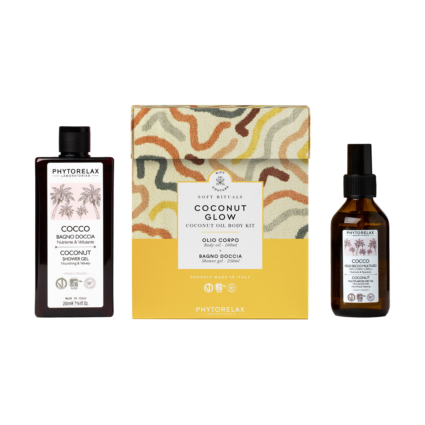 

Набір для тіла та обличчя Phytorelax Laboratories Soft Rituals Coconut Glow (гель для душу, 250 мл + олія для тіла та волосся, 100 мл)