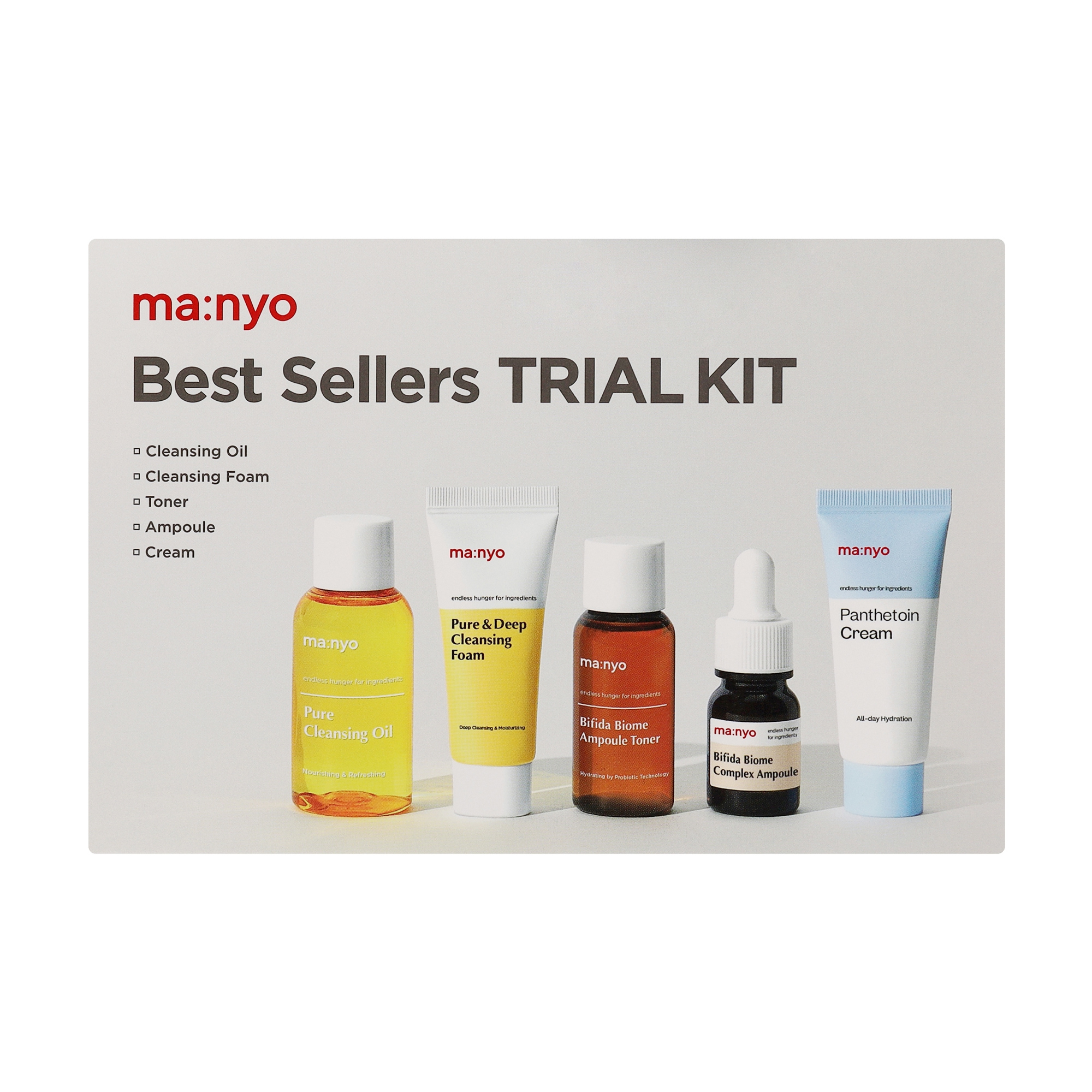 

Набір для обличчя Manyo Best Sellers Trial Kit (гідрофільна олія, 55 мл + пінка для вмивання, 20 мл + тонер, 30 мл + сироватка, 12 мл + крем, 20 мл)