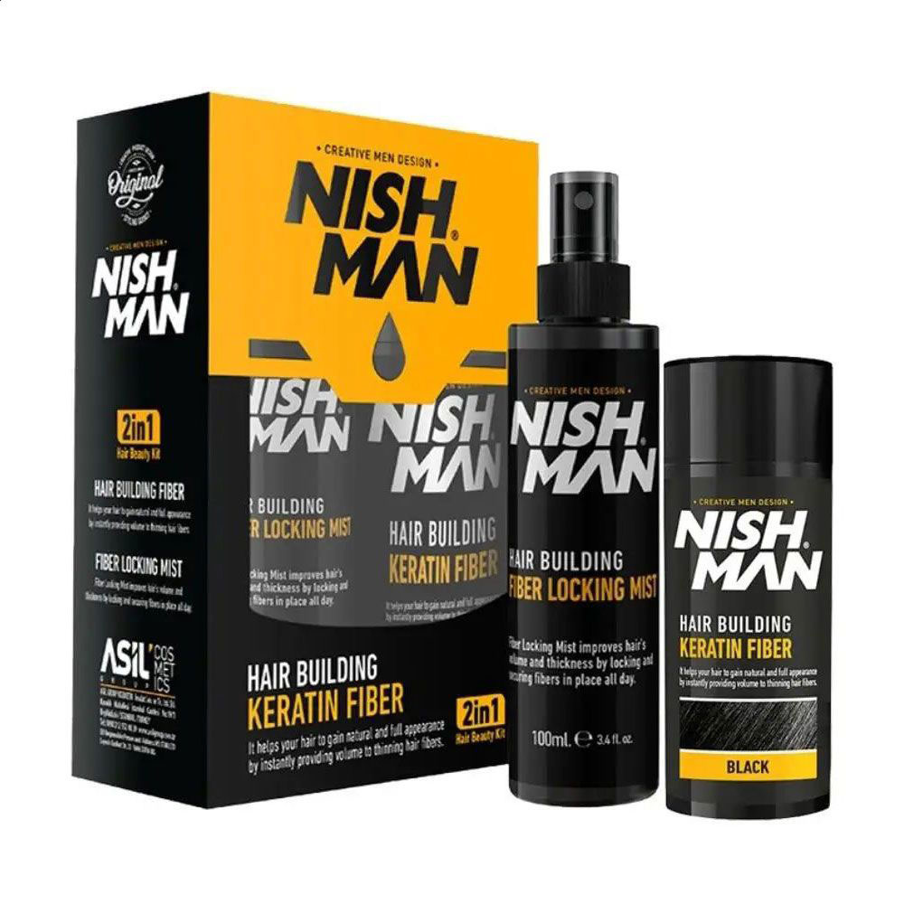 

Набір для нарощування волосся кератиновим волокном Nishman Hair Building Keratin Fiber (пудра, 20 г + фіксатор чорний, 100 мл)