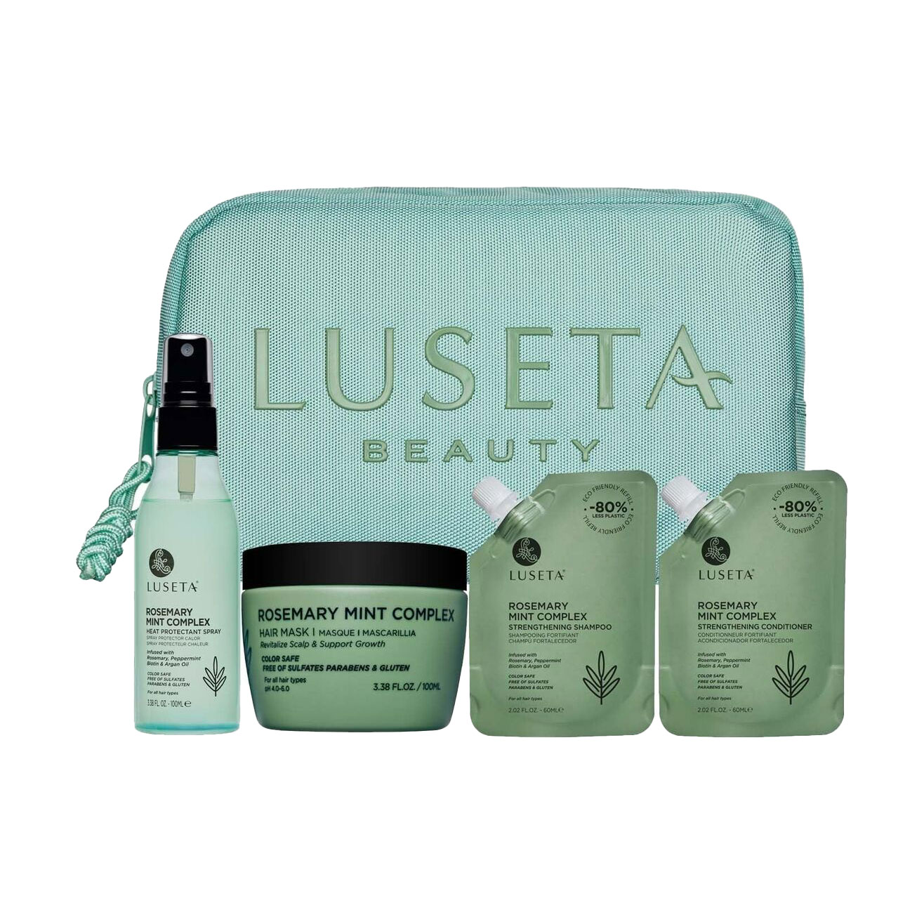 

Освіжний набір для волосся Luseta Rosemary Mint (шампунь, 60 мл + кондиціонер, 60 мл + маска, 100 мл + спрей-термозахист, 100 мл + косметичка)