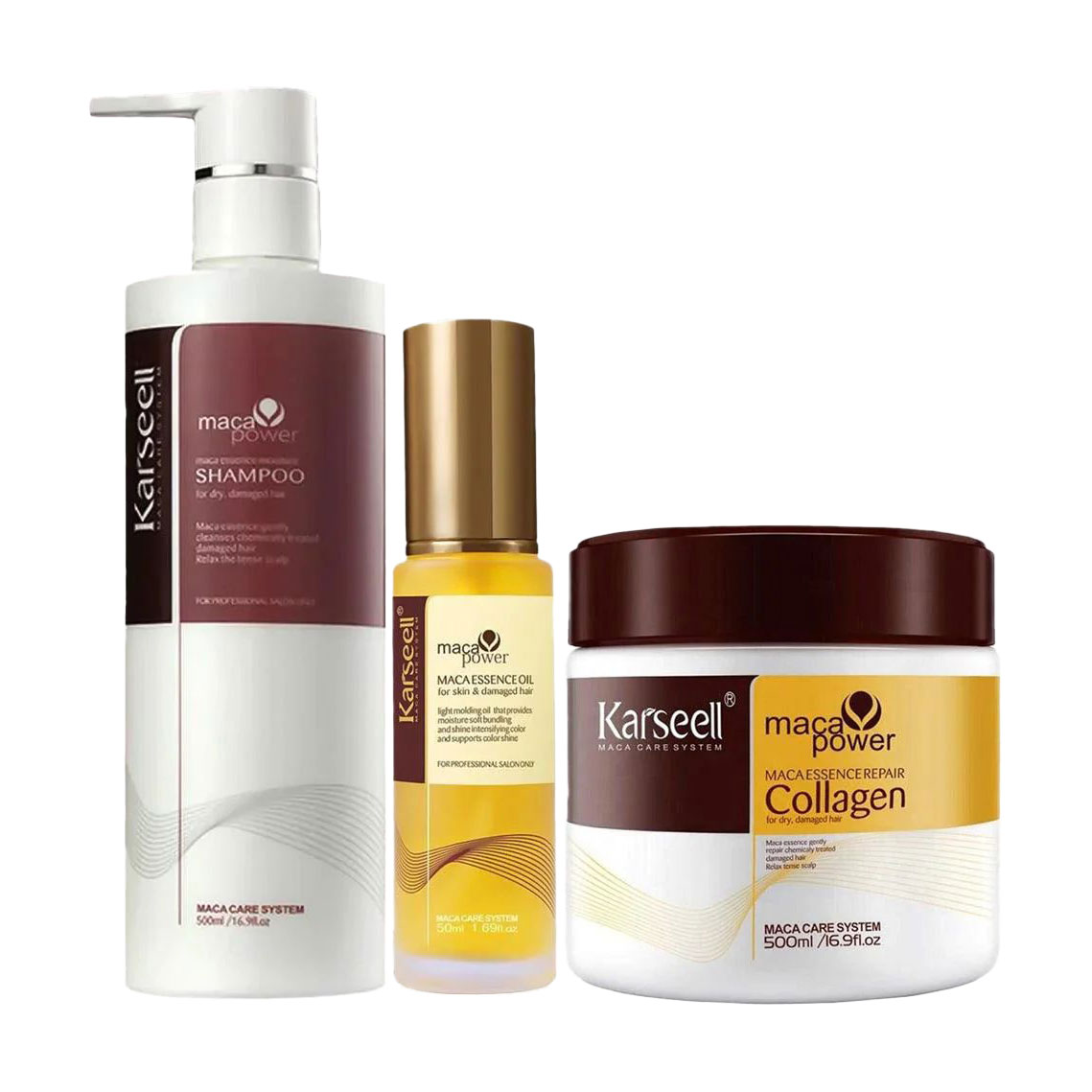 

Набір для волосся Karseell Maca Power Maca Essence Moisturizing Repair Set (маска, 500 мл + олія, 50 мл + шампунь, 500 мл)