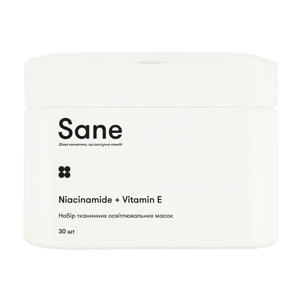 

Набір тканинних освітлювальних масок для обличчя Sane з ніацинамідом та вітаміном Е, 30 шт