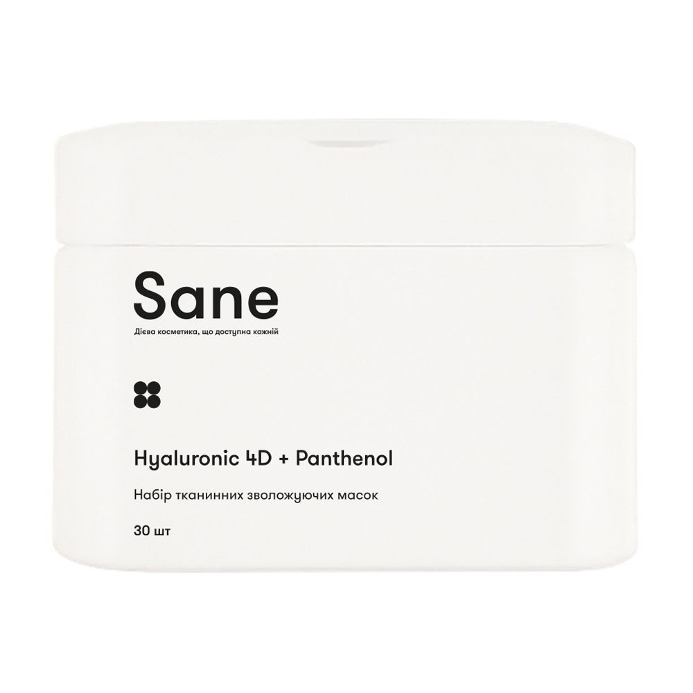 

Набір тканинних зволожуючих масок для обличчя Sane з гіалуроновою кислотою та пантенолом, 30 шт