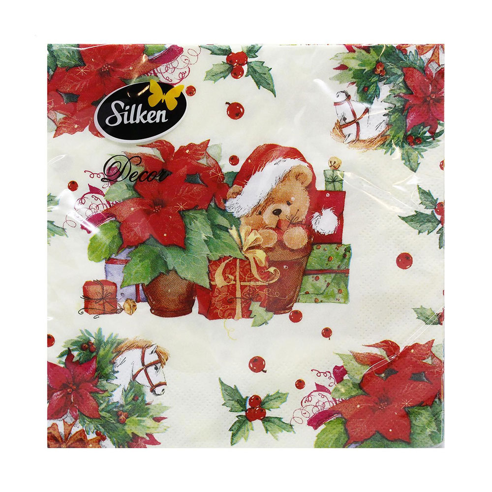 

Серветки новорічні паперові Silken Подарунковий ведмедик, 3 шарові, 33*33 см, 18 шт