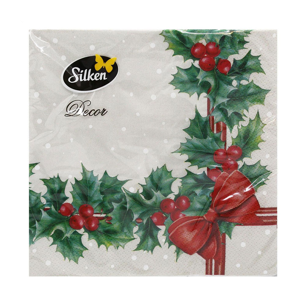 

Серветки новорічні паперові Silken Рамка з холлі, 3 шарові, 33*33 см, 18 шт
