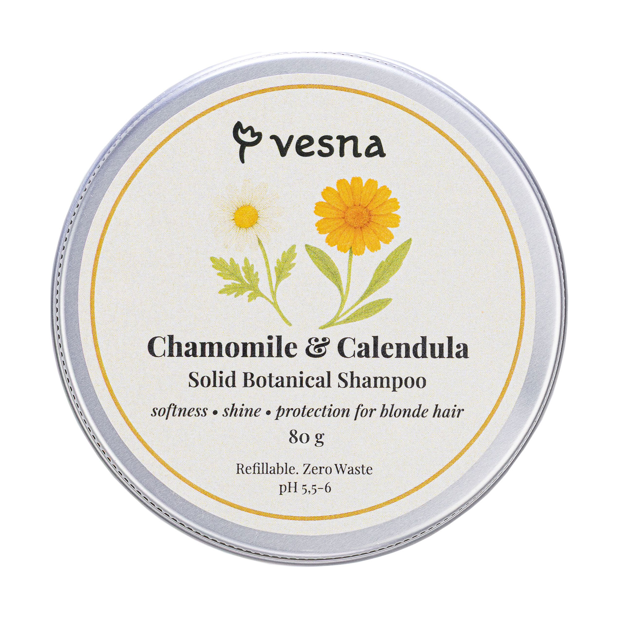 

Твердий шампунь для волосся Vesna Solid Botanical Shampoo Ромашка та календула, 80 г