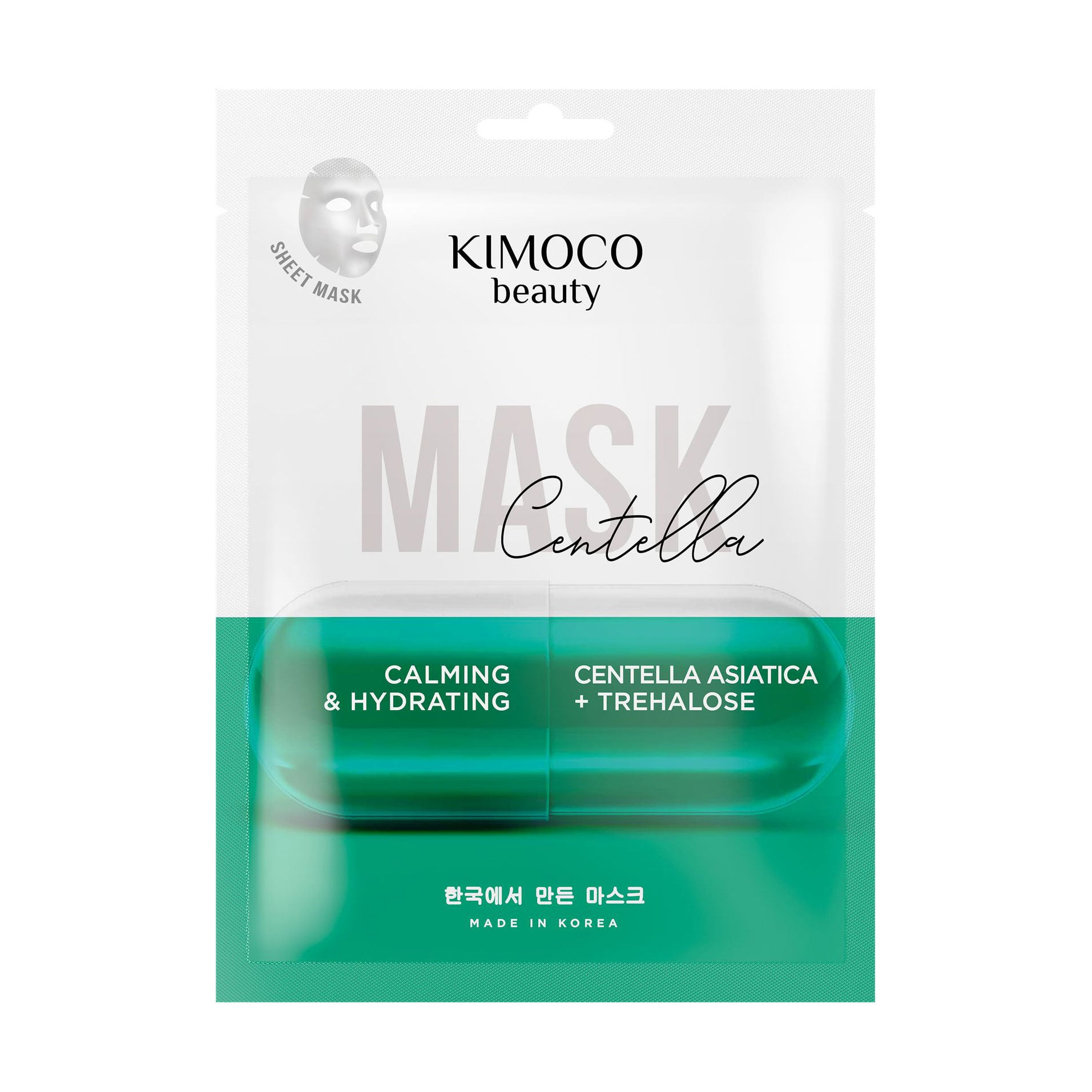 

Заспокійлива зволожувальна тканинна маска для обличчя Kimoco Beauty Calming & Hydrating Mask з центеллою азіатською та трегалозою, 23 мл