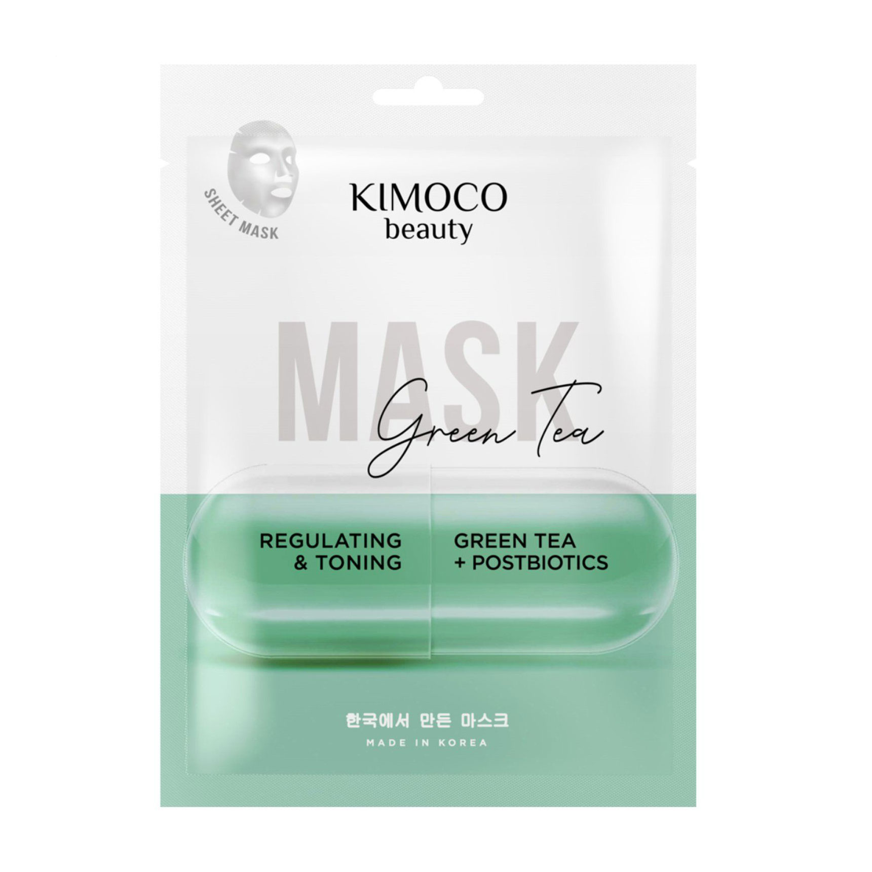 

Регулювальна тонізувальна тканинна маска для обличчя Kimoco Beauty Regulating & Toning Mask з зеленим чаєм та постбіотиками, 23 мл