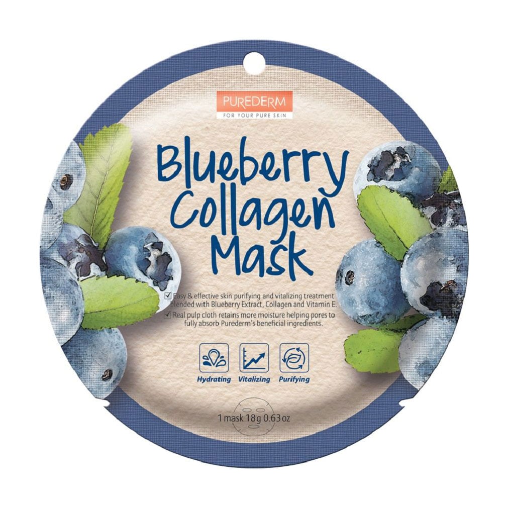 

Тканинна маска для обличчя Purederm Blueberry Collagen Mask з колагеном та чорницею, 18 г