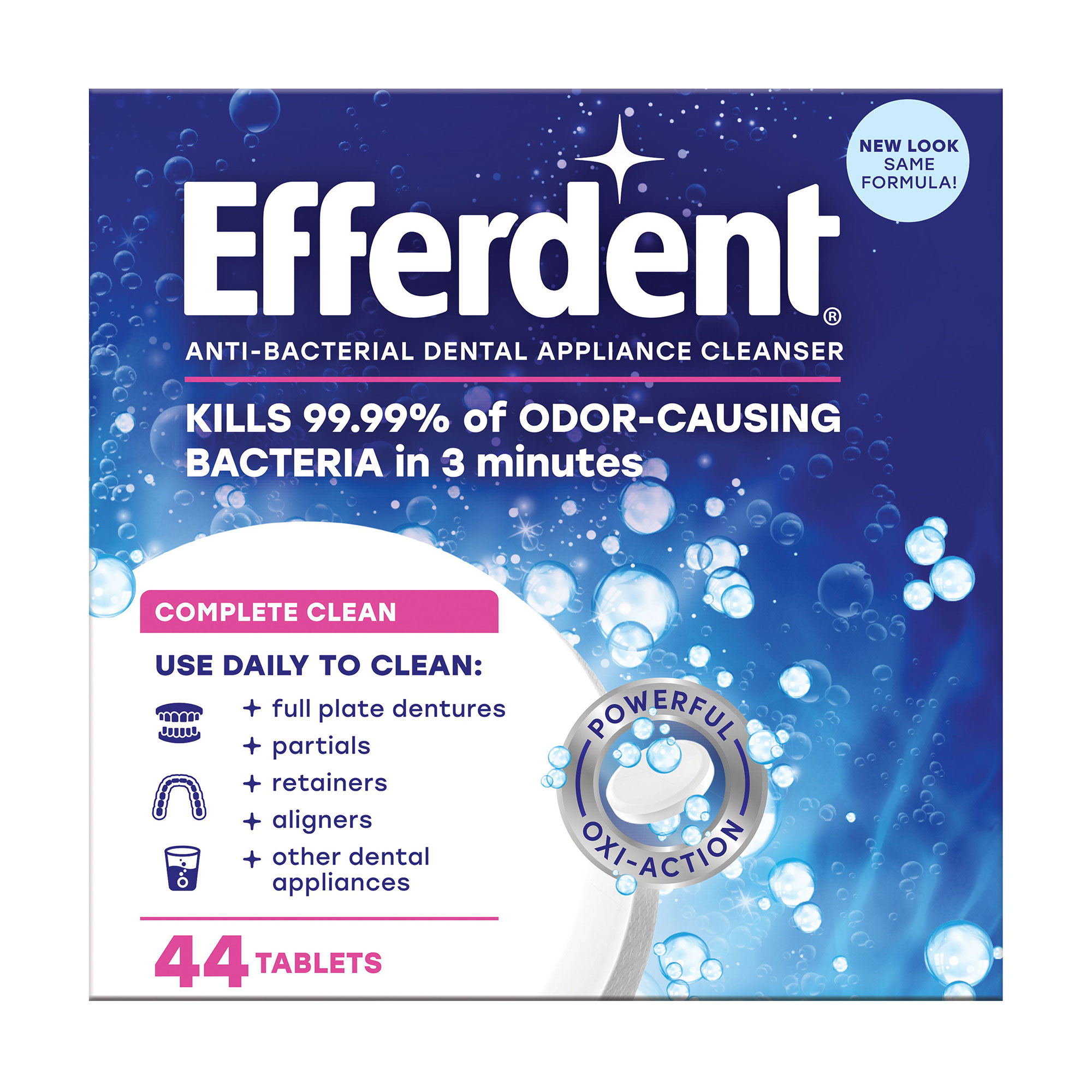 

Таблетки для очищення зубних протезів та ортодонтичних апаратів Efferdent Anti-Bacterial Denture Cleanser Complete Clean Tablets, 44 шт