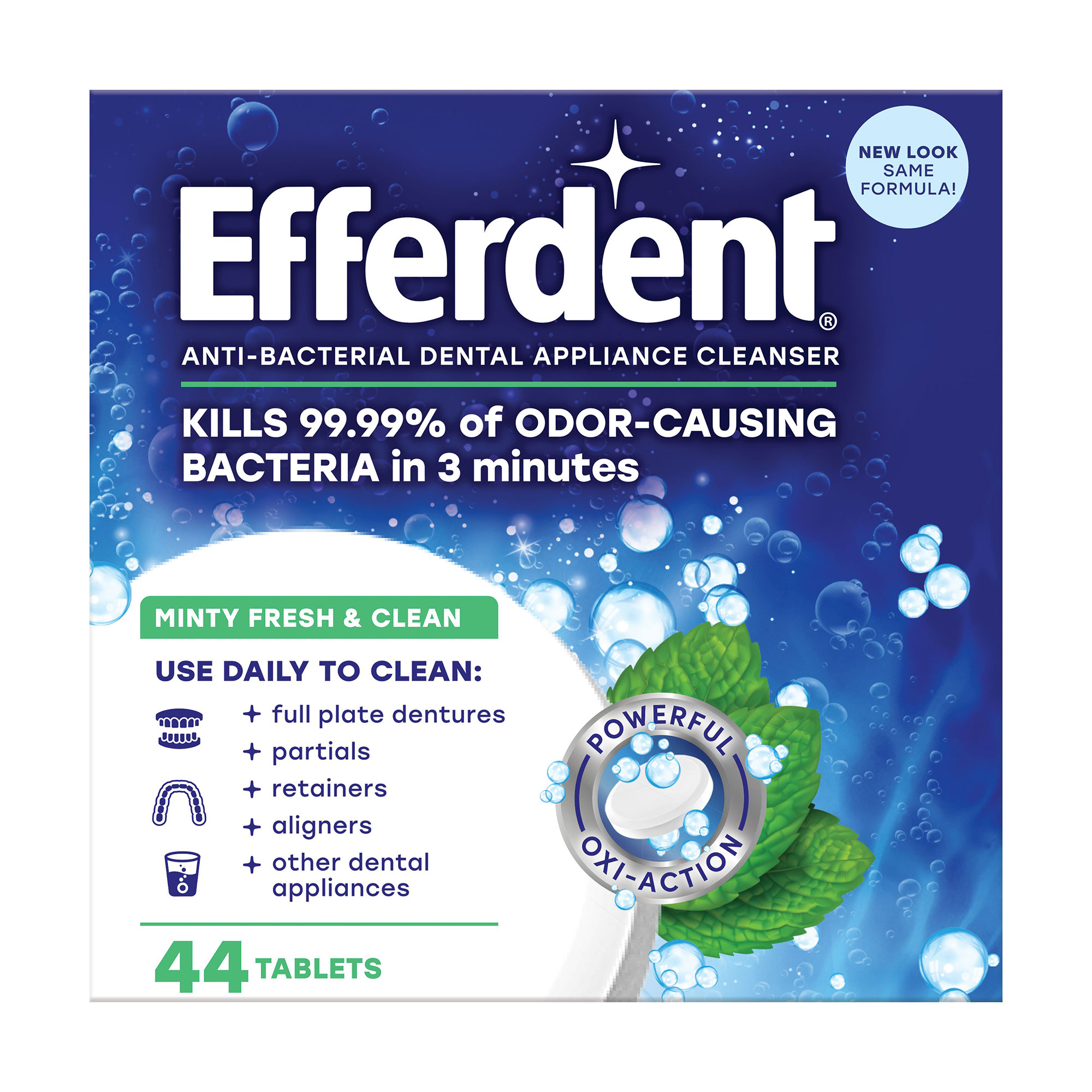 

Таблетки для очищення зубних протезів та ортодонтичних апаратів Efferdent Anti-Bacterial Denture Cleanser Complete Clean Tablets М'ятна свіжість, 44 шт