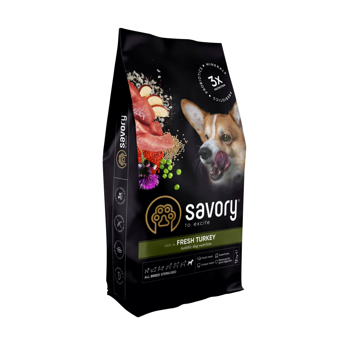 

Сухий корм для стерилізованих собак всіх порід Savory All Breed Sterilised з свіжим м'ясом індички, 12 кг