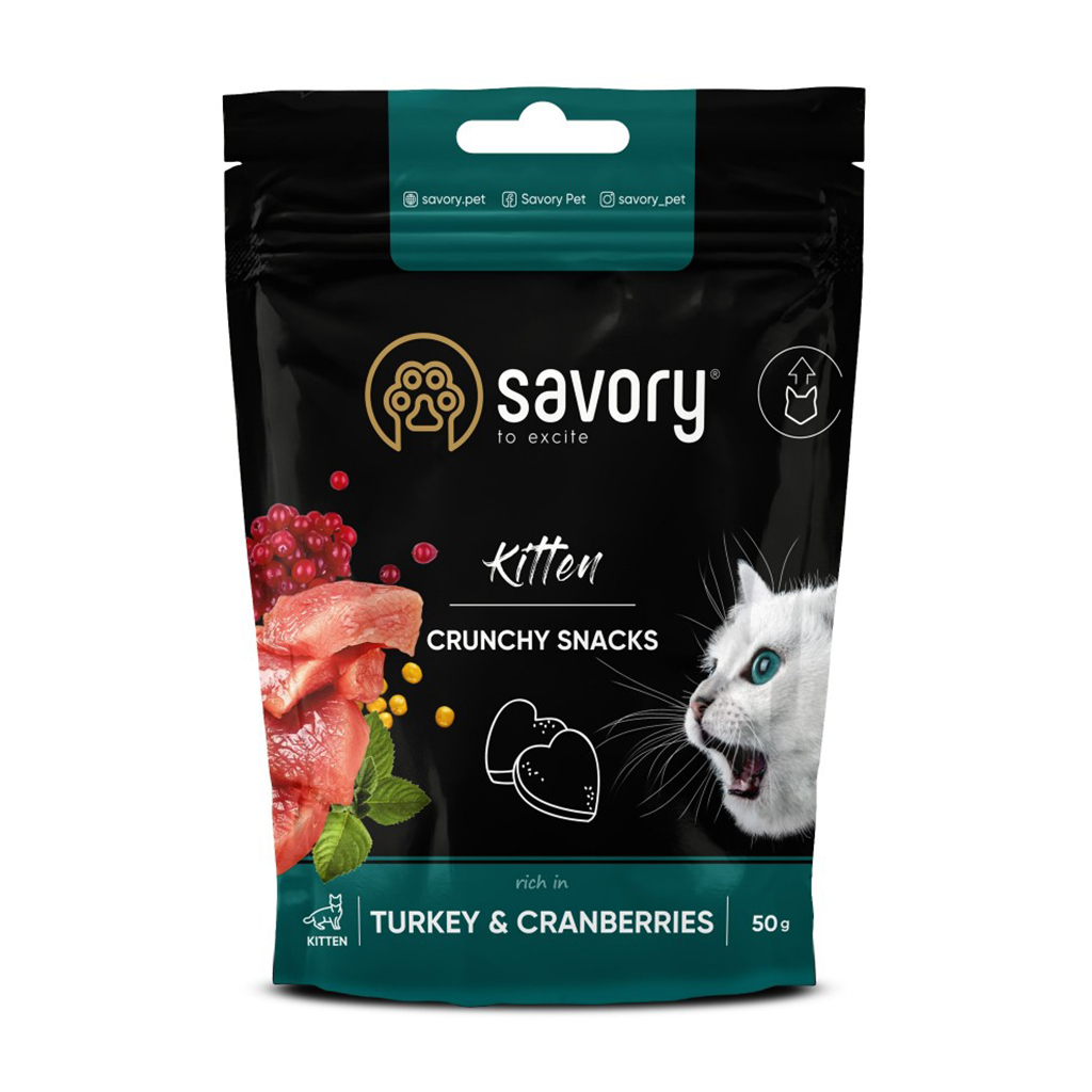 

Хрусткі ласощі для здорового росту кошенят Savory Kitten Crunchy Snacks Turkey & Cranberries індичка з журавлиною, 50 г