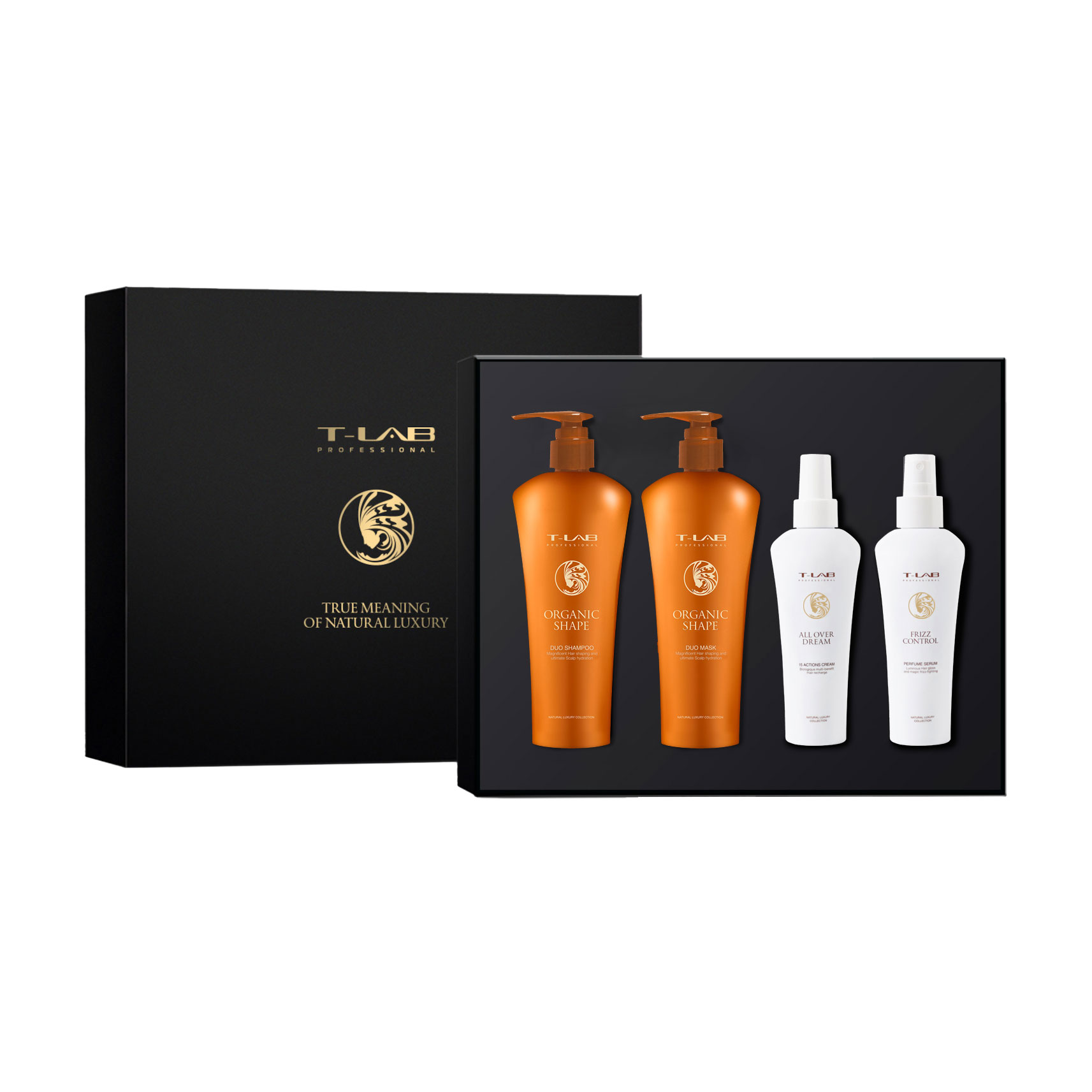 

Набір для волосся T-Lab Professional (шампунь Organic Shape, 300 мл + кондиціонер Organic Shape, 300 мл + All Over Dream 15 In 1 Cream, 150 мл + Frizz Control Parfume Serum, 150 мл)