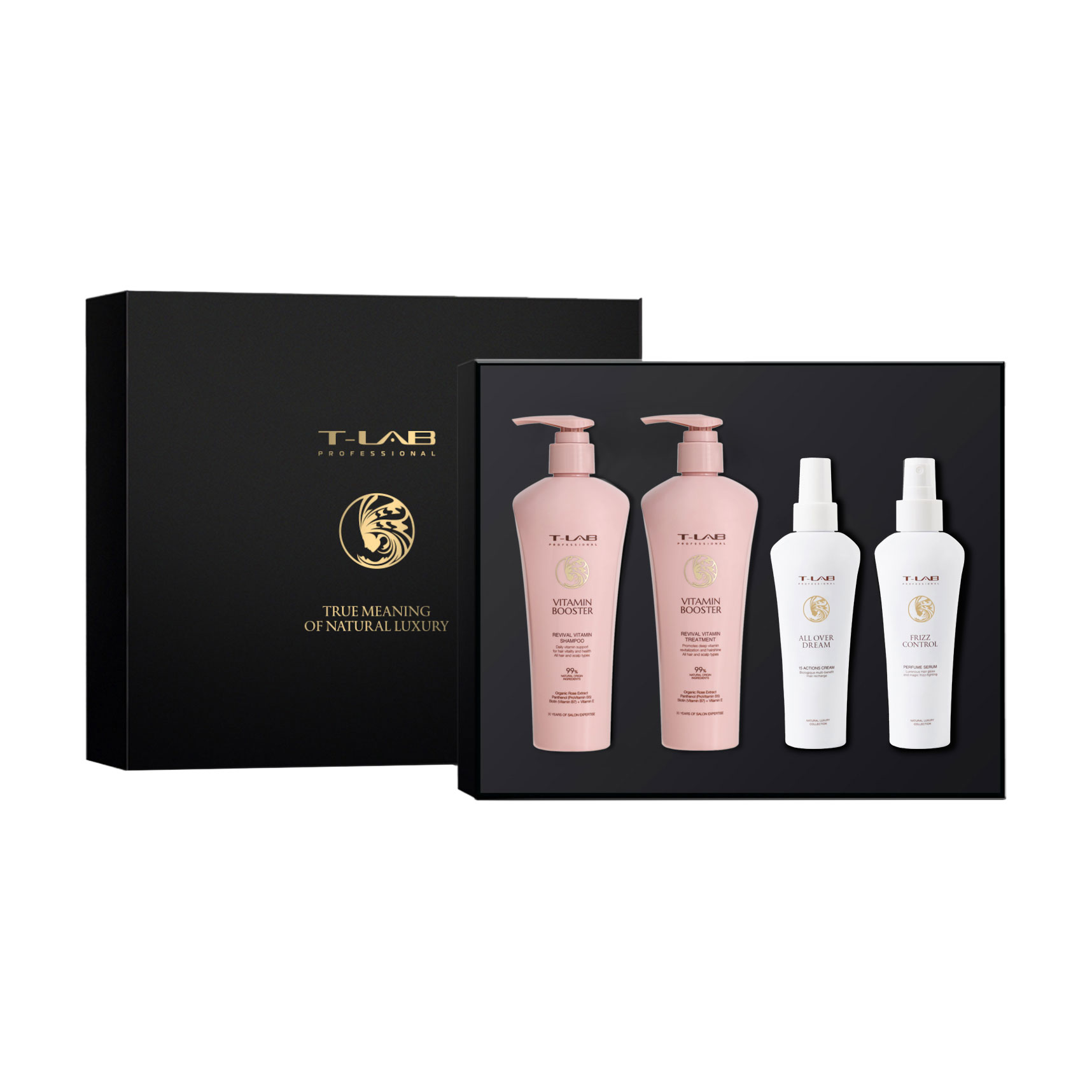 

Набір для волосся T-Lab Professional (шампунь Vitamin Booster, 300 мл + кондиціонер Vitamin Booster, 300 мл + All Over Dream 15In1 Cream, 150 мл + Frizz Control Parfume Serum, 150 мл)