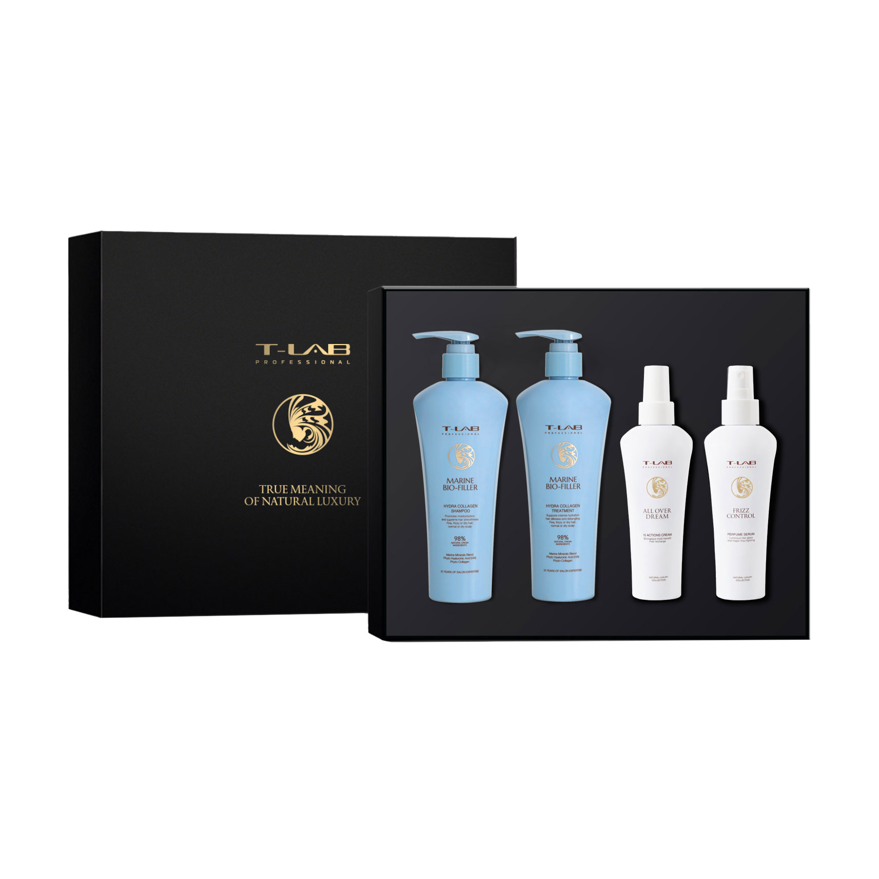 

Набір для волосся T-Lab Professional (шампунь Marine Bio-Filler, 300 мл + кондиціонер Marine Bio-Filler, 300 мл + All Over Dream 15In1 Cream, 150 мл + Frizz Control Parfume Serum, 150 мл)