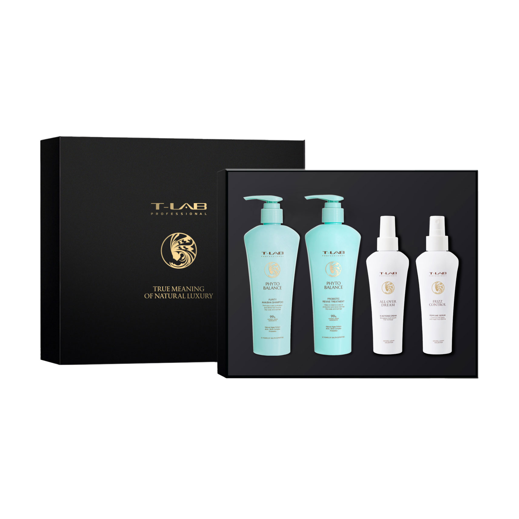 

Набір для волосся T-Lab Professional (шампунь Phyto Balance, 300 мл + кондиціонер Phyto Balance, 300 мл + All Over Dream 15In1 Cream, 150 мл + Frizz Control Parfume Serum, 150 мл)