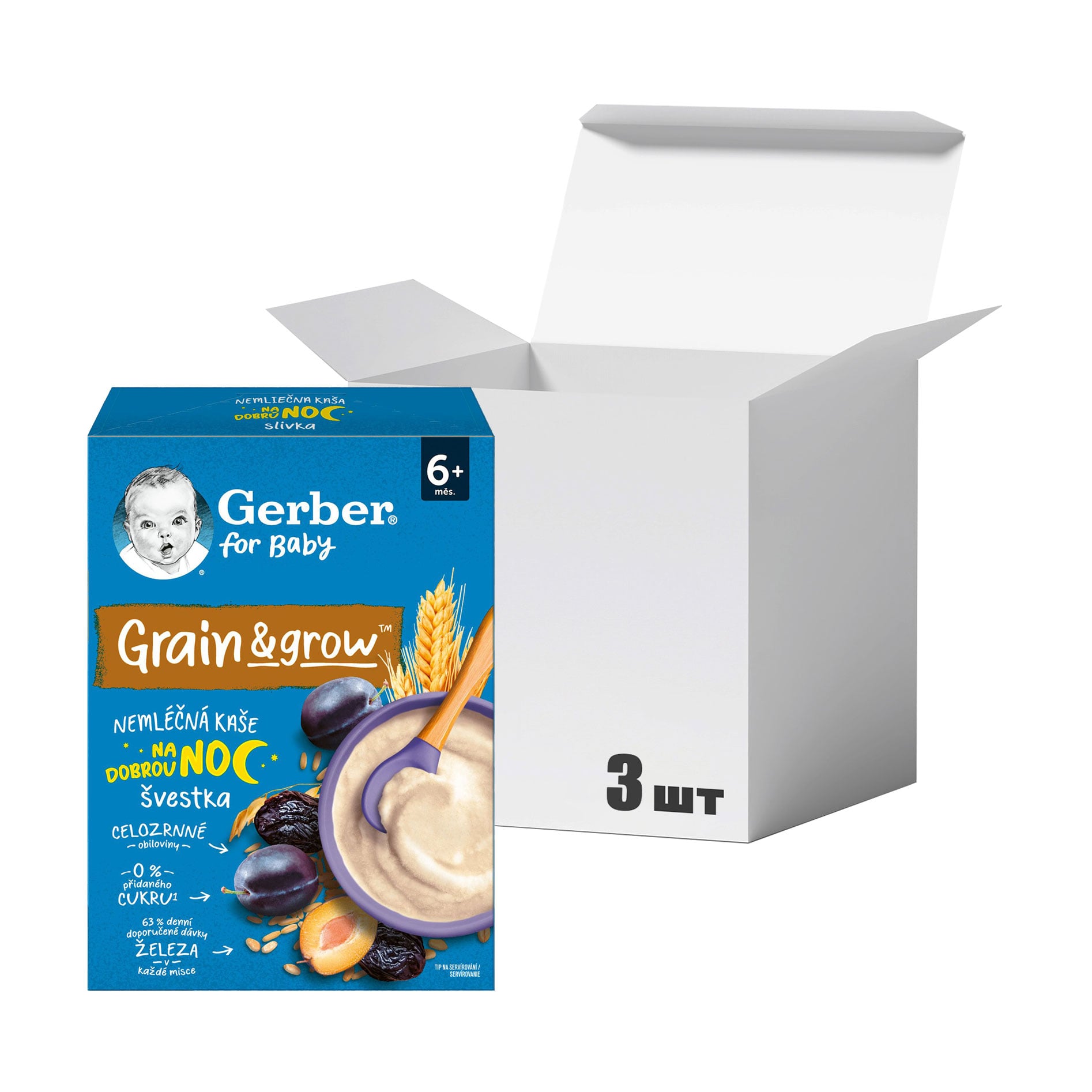 

Упаковка дитячої сухої безмолочної швидкорозчинної каші Gerber Grain & Grow Вівсяно-пшенична з чорносливом, від 6 місяців, 200 г * 3 шт
