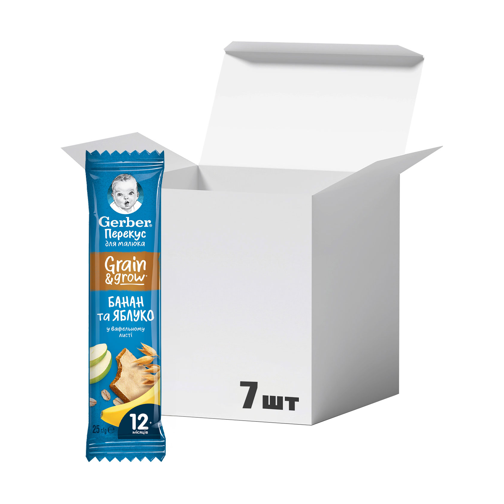 

Упаковка дитячих фруктово-злакових батончиків Gerber Банан та яблуко, від 12 місяців, 25 г * 7 шт