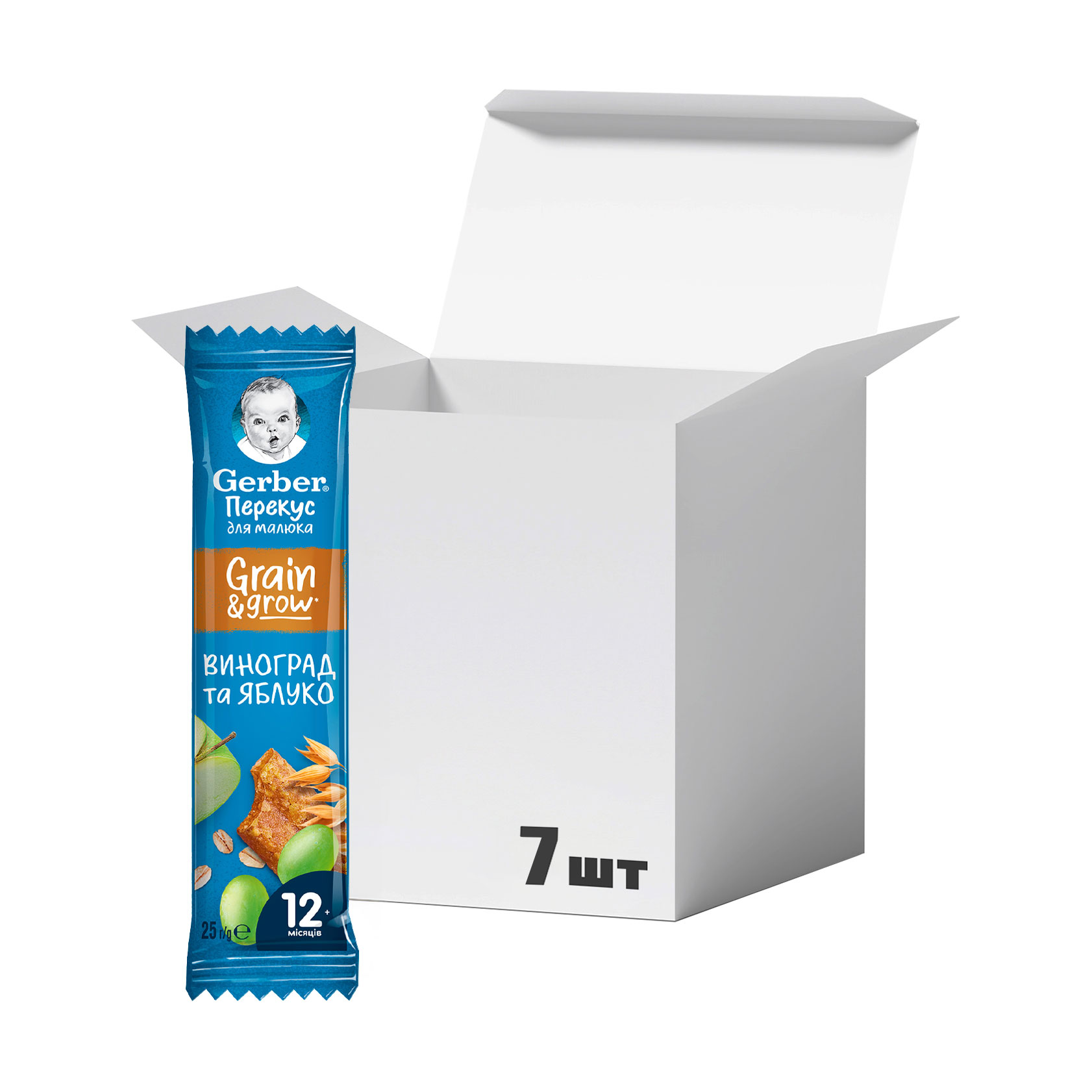 

Упаковка дитячих фруктово-злакових батончиків Gerber Виноград та яблуко, від 12 місяців, 25 г * 7 шт