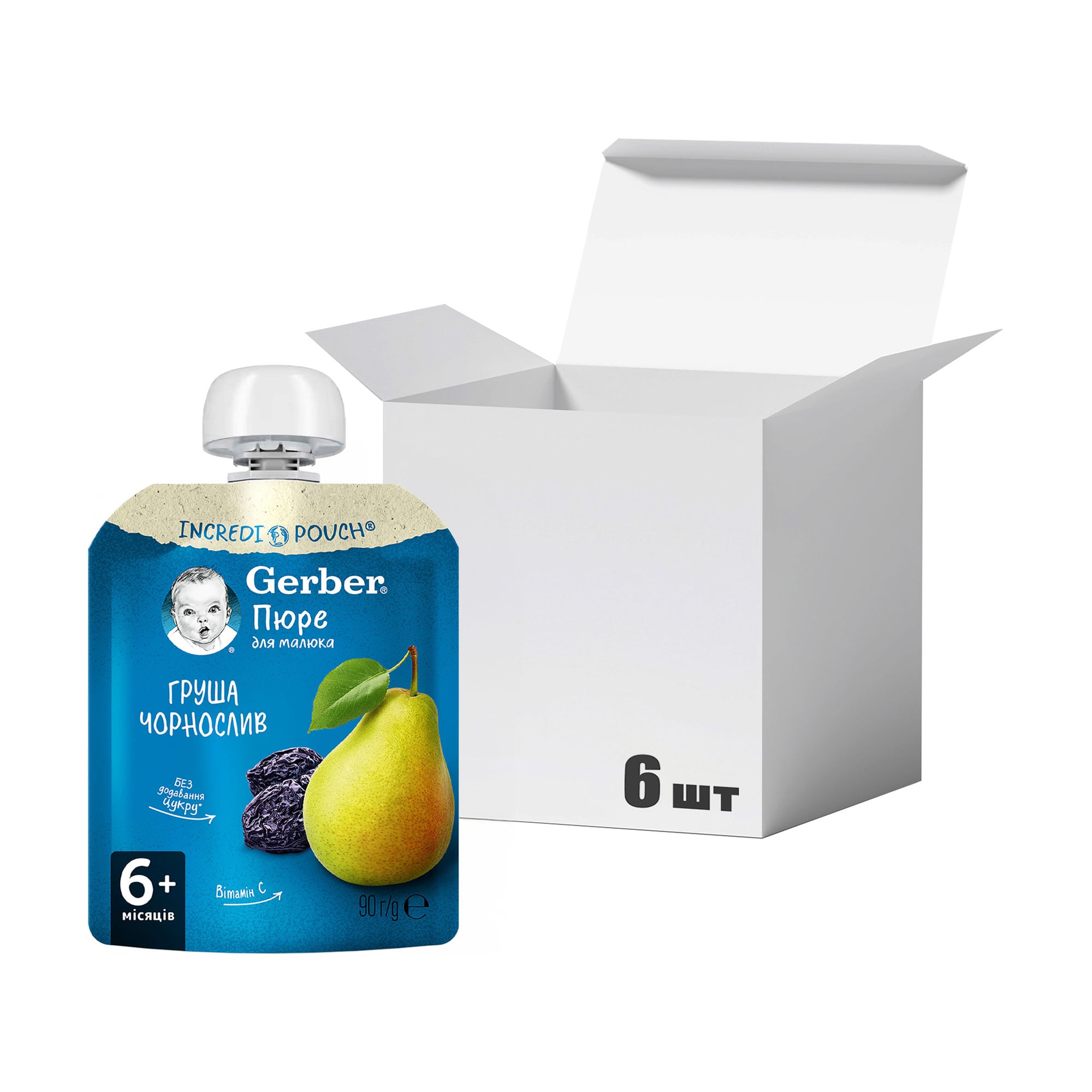

Упаковка дитячого фруктового пюре Gerber Груша та чорнослив, від 6 місяців, 90 г * 6 шт