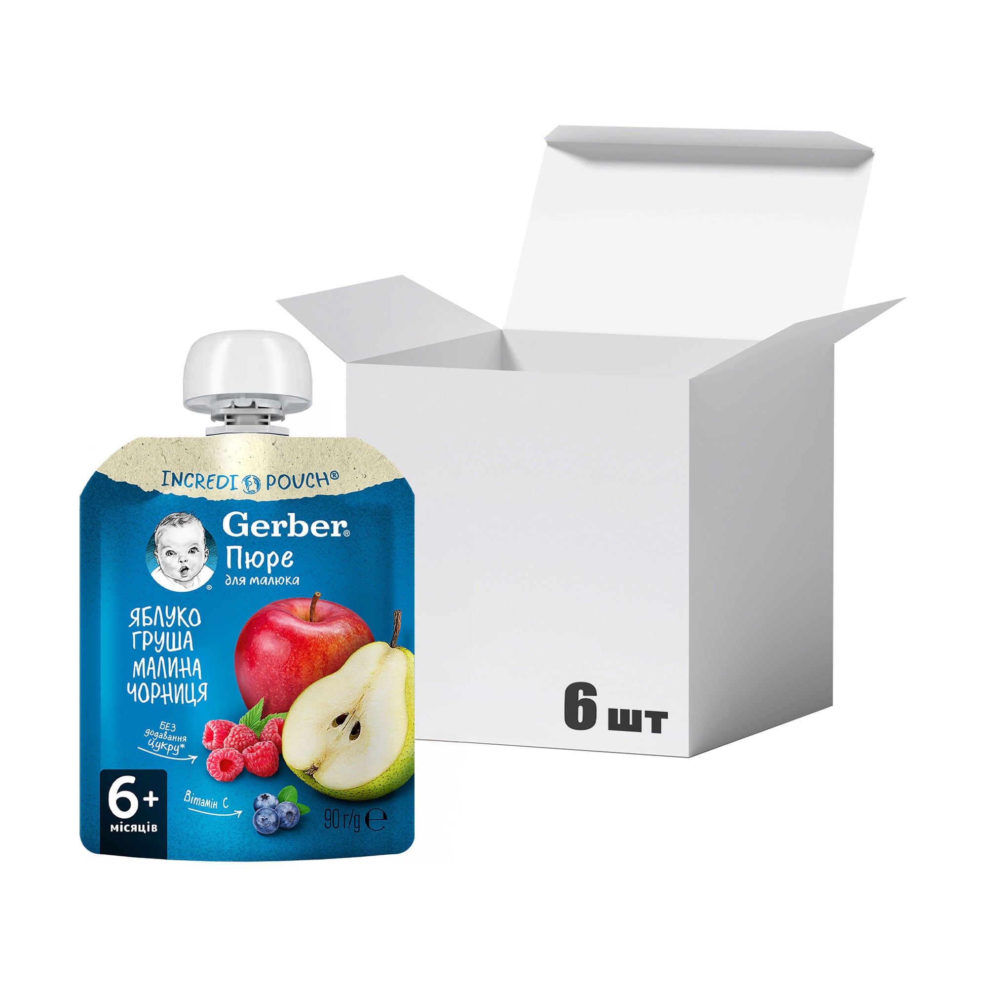 

Упаковка дитячого фруктового пюре Gerber Яблуко, груша, малина, чорниця, від 6 місяців, 90 г * 6 шт
