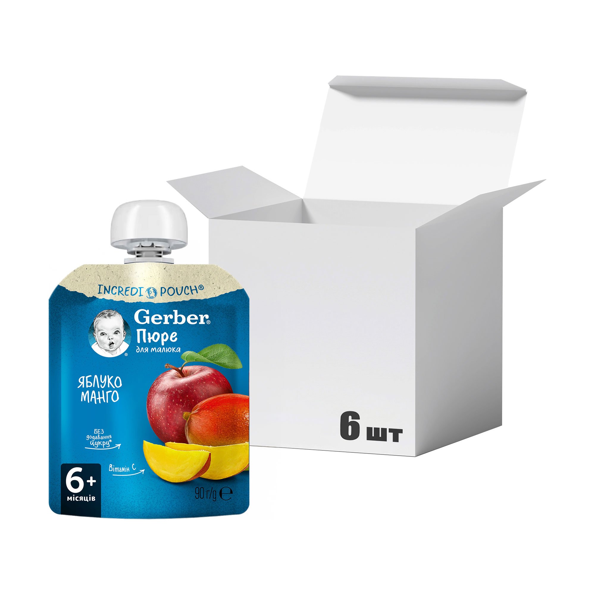 

Упаковка дитячого фруктового пюре Gerber Яблуко та манго, від 6 місяців, 90 г * 6 шт