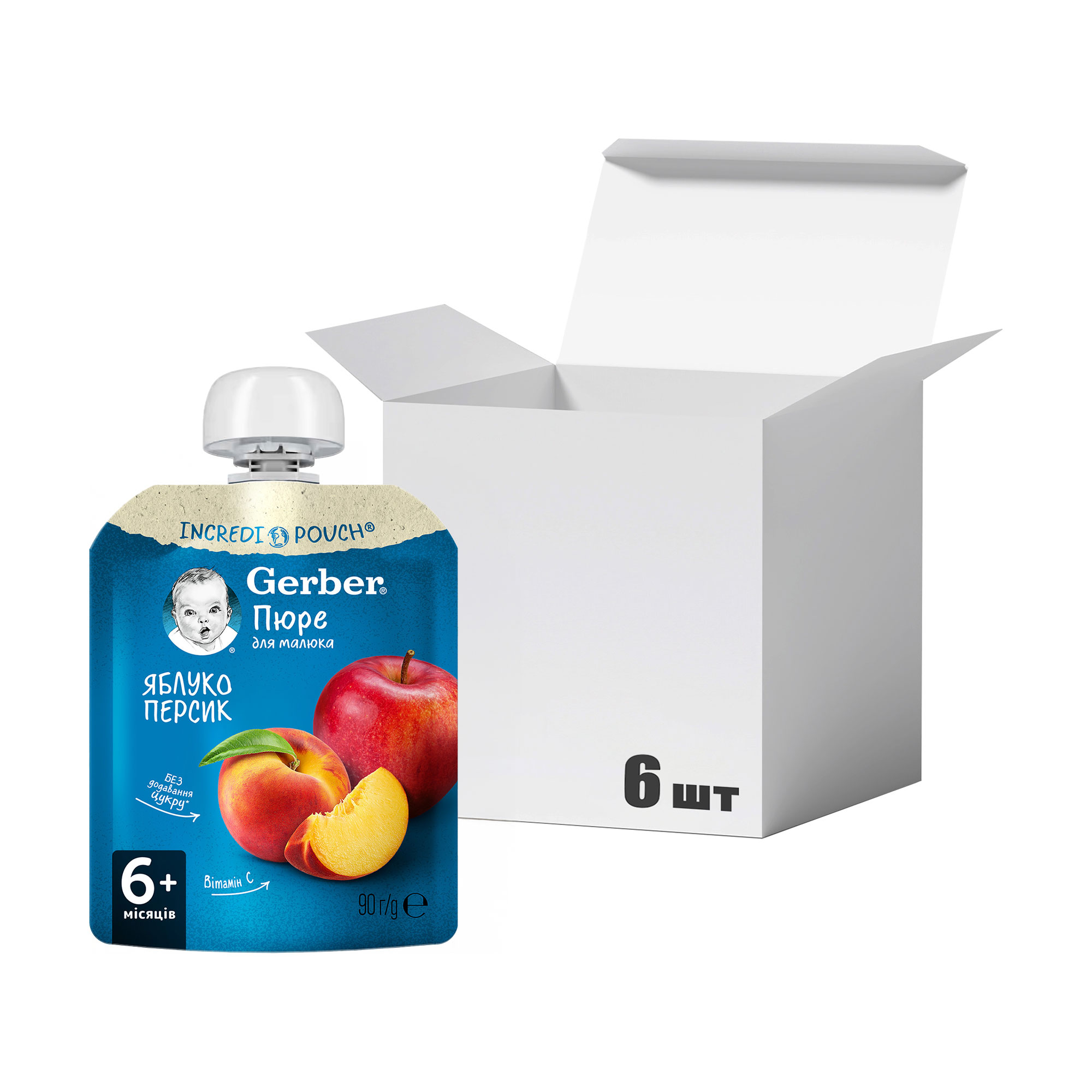 

Упаковка дитячого фруктового пюре Gerber Яблуко та персик, від 6 місяців, 90 г * 6 шт