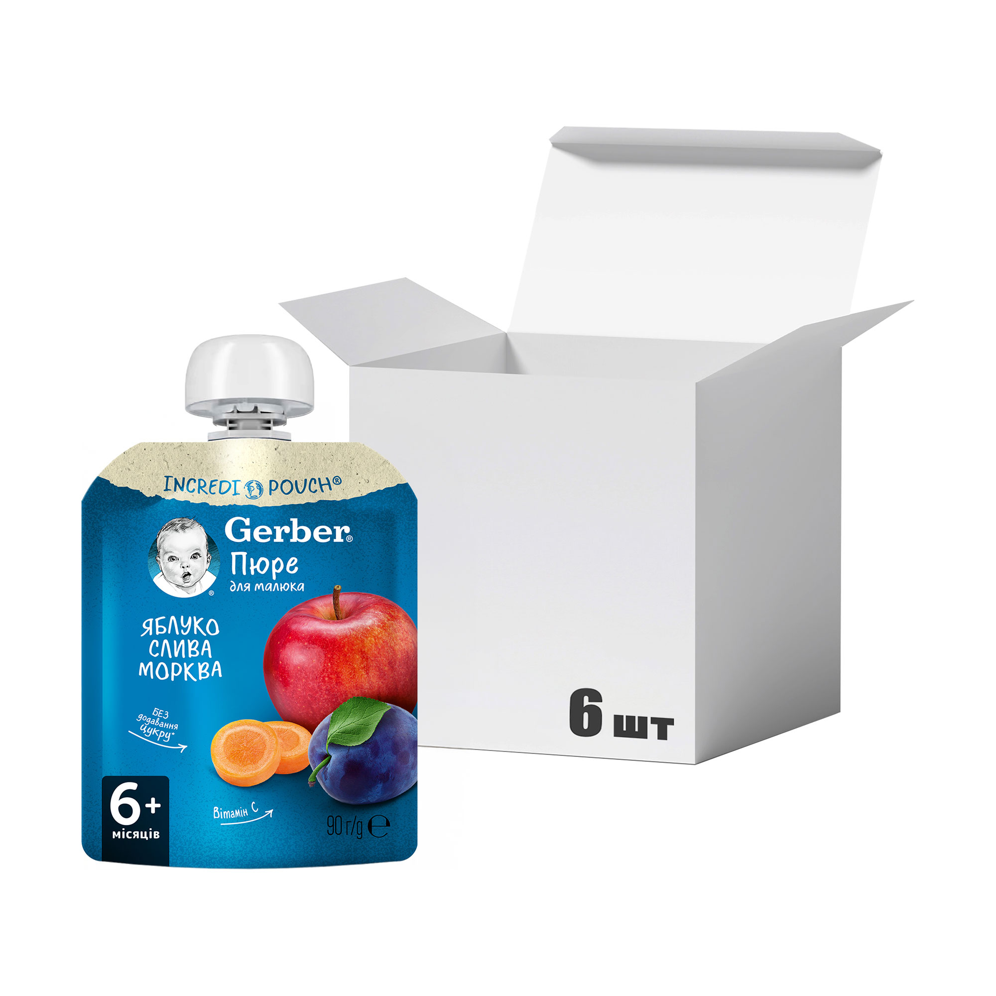 

Упаковка дитячого пастеризованого фруктово-овочевого пюре Gerber Яблуко, слива та морква, від 6 місяців, 90 г * 6 шт