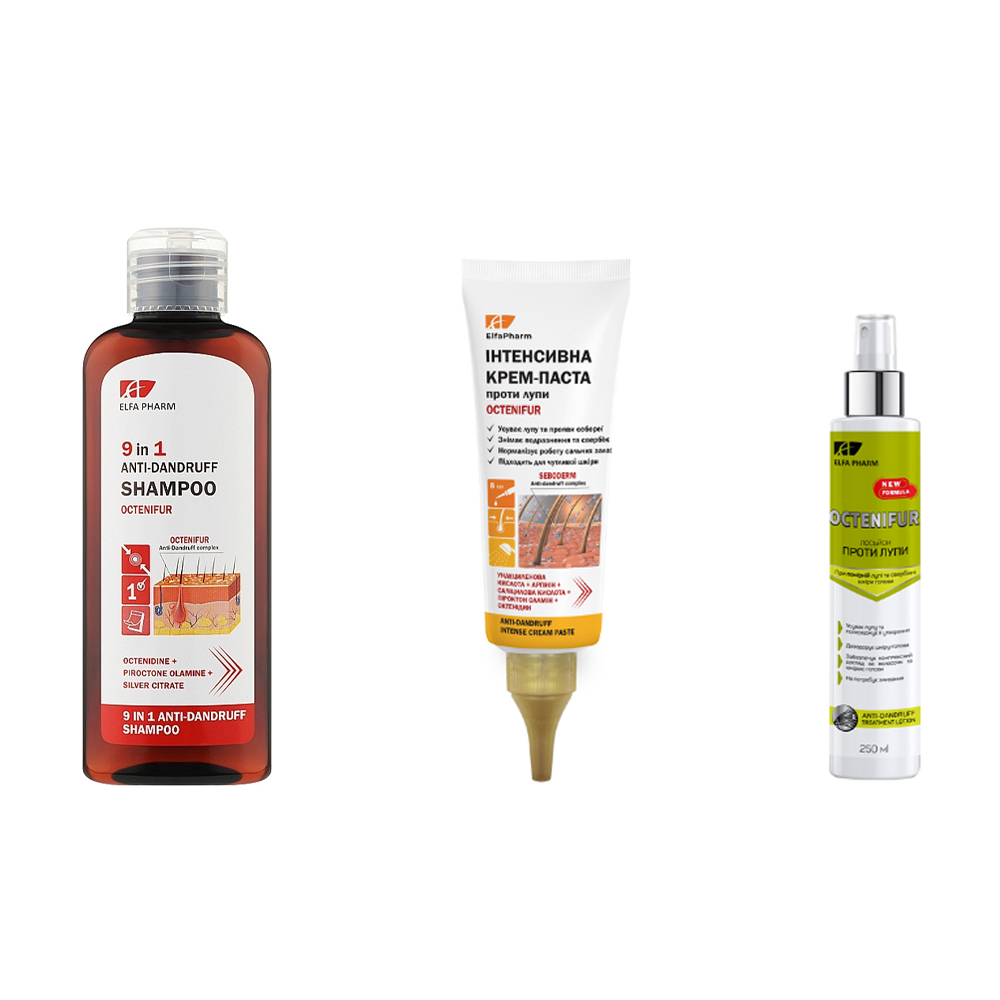 

Набір для волосся Elfa Pharm Octenifur проти помірної лупи (крем-паста, 75 мл + шампунь 9в1, 200 мл + лосьйон, 250 мл)