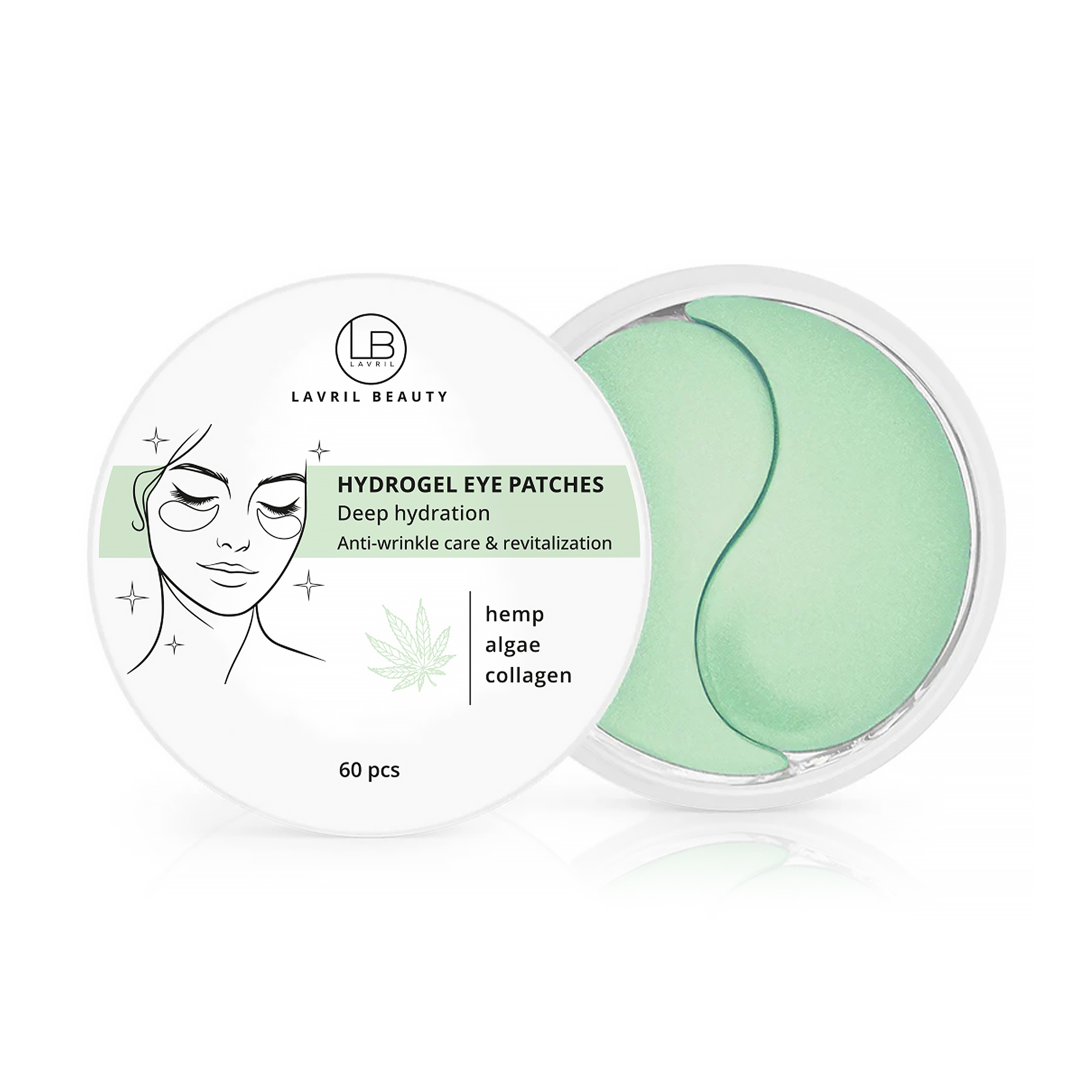 

Гідрогелеві патчі для шкіри навколо очей LAVRIL BEAUTY Hydrogel Eye Patches Deep Hydration з коноплею, водоростями алгае та колагеном, 60 шт