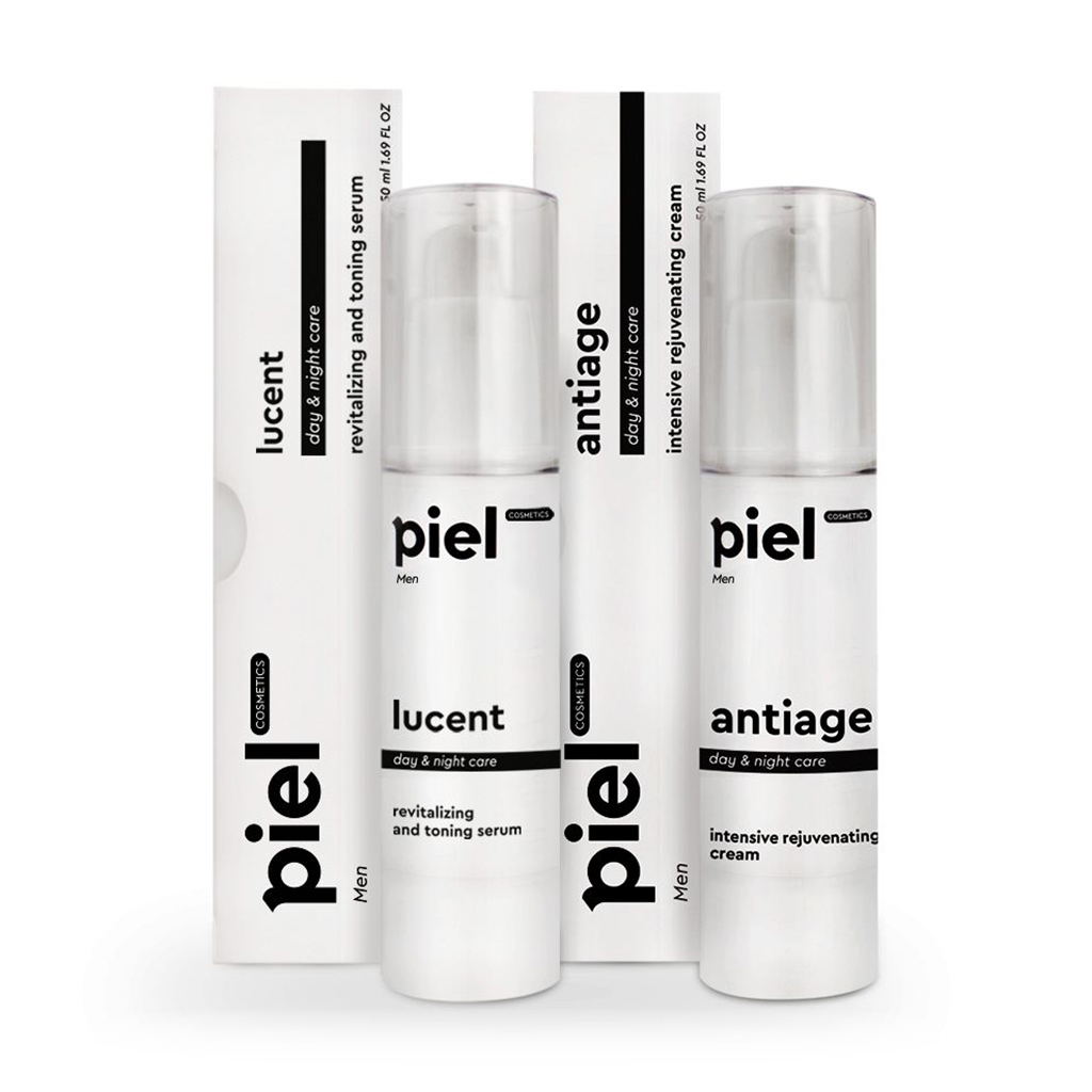 

Чоловічий антивіковий комплекс для обличчя Piel Cosmetics для догляду за тьмяною шкірою (сироватка, 50 мл + крем, 50 мл)